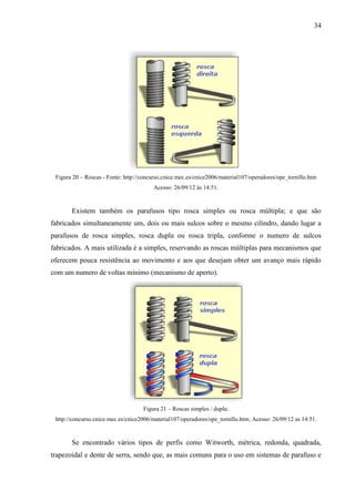 34
Figura 20 – Roscas - Fonte: http://concurso.cnice.mec.es/cnice2006/material107/operadores/ope_tornillo.htm
Acesso: 26/09/12 às 14:51.
Existem também os parafusos tipo rosca simples ou rosca múltipla; e que são
fabricados simultaneamente um, dois ou mais sulcos sobre o mesmo cilindro, dando lugar a
parafusos de rosca simples, rosca dupla ou rosca tripla, conforme o numero de sulcos
fabricados. A mais utilizada é a simples, reservando as roscas múltiplas para mecanismos que
oferecem pouca resistência ao movimento e aos que desejam obter um avanço mais rápido
com um numero de voltas mínimo (mecanismo de aperto).
Figura 21 – Roscas simples / dupla:
http://concurso.cnice.mec.es/cnice2006/material107/operadores/ope_tornillo.htm; Acesso: 26/09/12 as 14:51.
Se encontrado vários tipos de perfis como Witworth, métrica, redonda, quadrada,
trapezoidal e dente de serra, sendo que, as mais comuns para o uso em sistemas de parafuso e
 