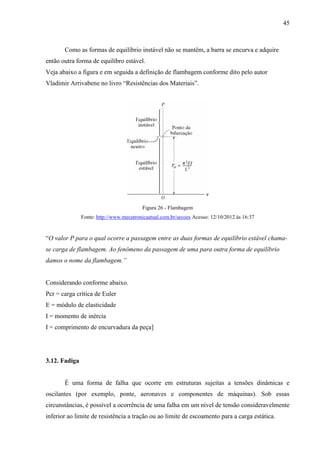 45
Como as formas de equilíbrio instável não se mantêm, a barra se encurva e adquire
então outra forma de equilibro estável.
Veja abaixo a figura e em seguida a definição de flambagem conforme dito pelo autor
Vladimir Arrivabene no livro “Resistências dos Materiais”.
Figura 26 - Flambagem
Fonte: http://www.mecatronicaatual.com.br/secoes Acesso: 12/10/2012 às 16:37
“O valor P para o qual ocorre a passagem entre as duas formas de equilíbrio estável chama-
se carga de flambagem. Ao fenômeno da passagem de uma para outra forma de equilíbrio
damos o nome da flambagem.”
Considerando conforme abaixo.
Pcr = carga crítica de Euler
E = módulo de elasticidade
I = momento de inércia
I = comprimento de encurvadura da peça]
3.12. Fadiga
É uma forma de falha que ocorre em estruturas sujeitas a tensões dinâmicas e
oscilantes (por exemplo, ponte, aeronaves e componentes de máquinas). Sob essas
circunstâncias, é possível a ocorrência de uma falha em um nível de tensão consideravelmente
inferior ao limite de resistência a tração ou ao limite de escoamento para a carga estática.
 