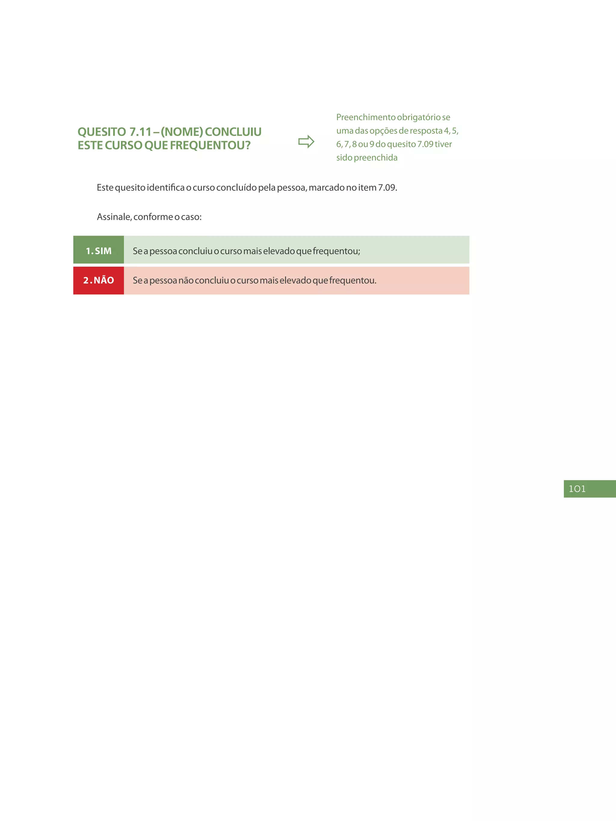 101
Quesito 7.11–(NOME)concluiu
estecursoquefrequentou? 
Preenchimentoobrigatóriose
umadasopçõesderesposta4,5,
6,7,8ou9doquesito7.09tiver
sidopreenchida
Estequesitoidentificaocursoconcluídopelapessoa,marcadonoitem7.09.
Assinale,conformeocaso:
1.Sim Seapessoaconcluiuocursomaiselevadoquefrequentou;
2.Não Seapessoanãoconcluiuocursomaiselevadoquefrequentou.
 
