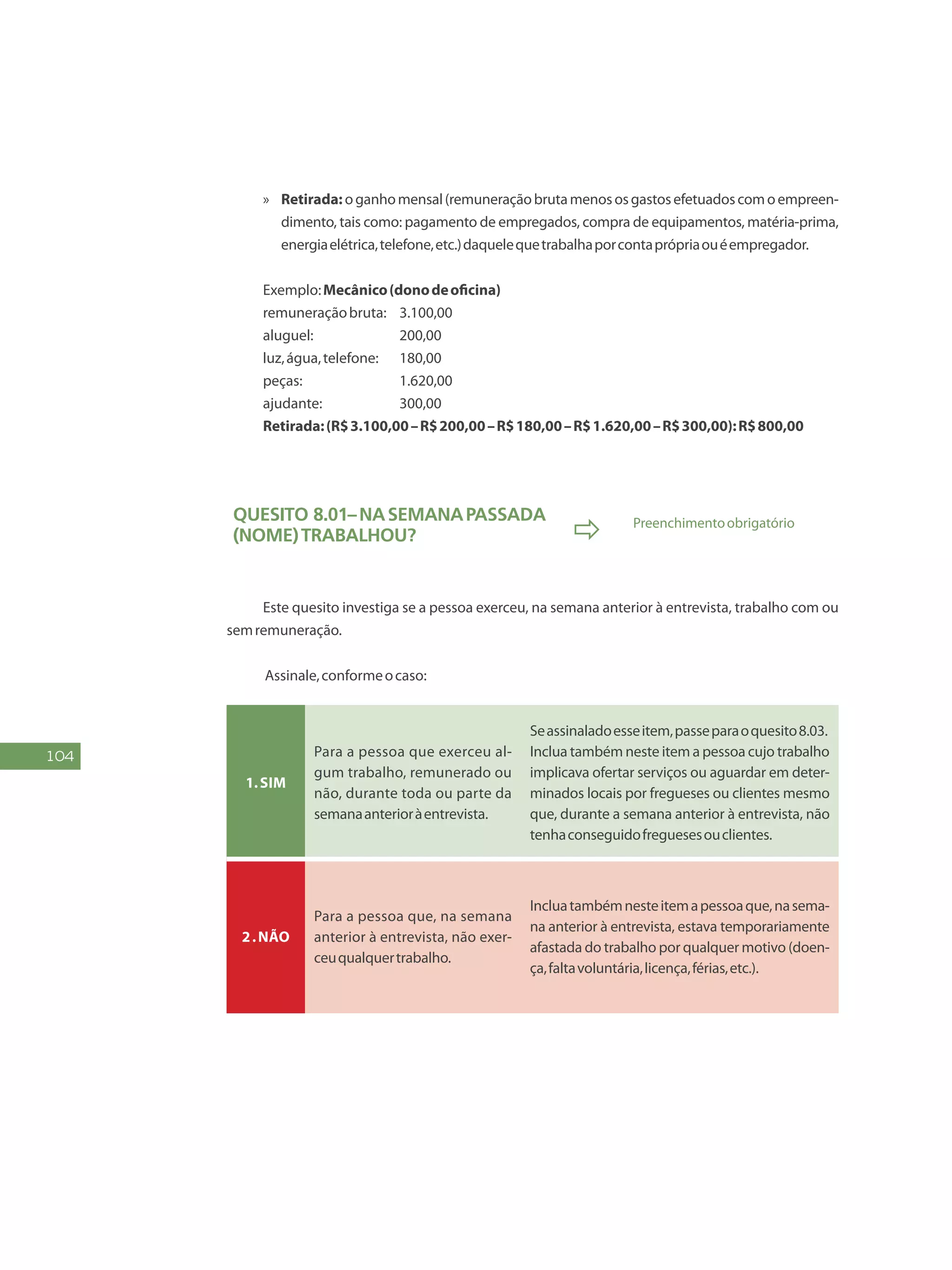 104
»» Retirada: oganhomensal(remuneraçãobrutamenososgastosefetuadoscomoempreen-
dimento, tais como: pagamento de empregados, compra de equipamentos, matéria-prima,
energiaelétrica,telefone,etc.)daquelequetrabalhaporcontaprópriaouéempregador.
Exemplo:Mecânico(donodeoficina)
remuneraçãobruta:	 3.100,00
aluguel:		 200,00
luz,água,telefone:	 180,00
peças:		 1.620,00
ajudante:		 300,00
Retirada:(R$3.100,00–R$200,00–R$180,00–R$1.620,00–R$300,00):R$800,00
Quesito 8.01–Nasemanapassada
(NOME)trabalhou?  Preenchimentoobrigatório
Este quesito investiga se a pessoa exerceu, na semana anterior à entrevista, trabalho com ou
semremuneração.
Assinale,conformeocaso:
1.Sim
Para a pessoa que exerceu al-
gum trabalho, remunerado ou
não, durante toda ou parte da
semanaanterioràentrevista.
Seassinaladoesseitem,passeparaoquesito8.03.
Inclua também neste item a pessoa cujo trabalho
implicava ofertar serviços ou aguardar em deter-
minados locais por fregueses ou clientes mesmo
que, durante a semana anterior à entrevista, não
tenhaconseguidofreguesesouclientes.
2.Não
Para a pessoa que, na semana
anterior à entrevista, não exer-
ceuqualquertrabalho.
Incluatambémnesteitemapessoaque,nasema-
na anterior à entrevista, estava temporariamente
afastada do trabalho por qualquer motivo (doen-
ça,faltavoluntária,licença,férias,etc.).
 
