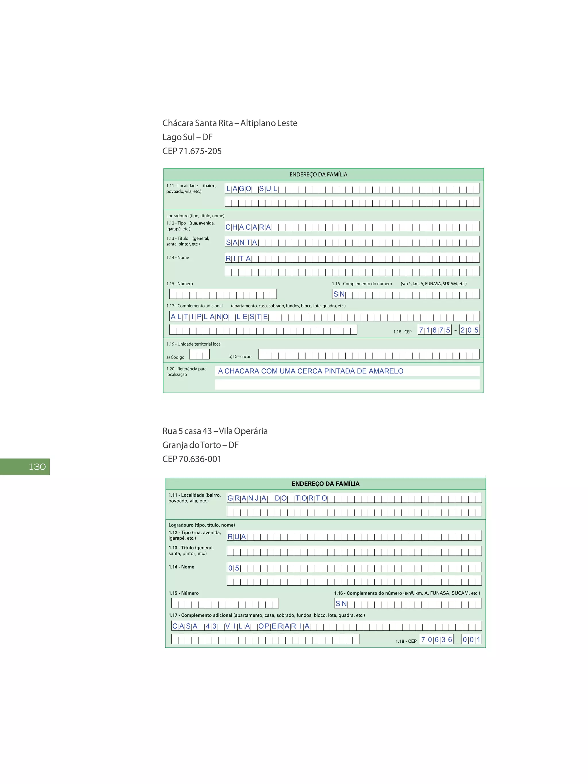 130
ChácaraSantaRita–AltiplanoLeste	
LagoSul–DF
CEP71.675-205
FAÇA AS LETRAS CONFORME O MODELO:
PREENCHA A QUADRÍCULA
DESTA FORMA:
3
FormulárioPrincipalde
Cadastramento-CADÚNICO-F1
ENTREVISTADOR
Governo Federal
Ministério do Desenvolvimento Social e Combate à Fome
Secretaria Nacional de Renda de Cidadania
Departamento do Cadastro Único
1.21 - Nome
1.22 - CPF do entrevistador
1.23 - Observações
Assinatura do representante da
prefeitura/órgão responsável pelo cadastramento
Assinatura do
entrevistador
1 - IDENTIFICAÇÃO E CONTROLE
ENDEREÇO DA FAMÍLIA
1.01 - Código familiar
1.07 - Modalidade da
operação
1 - Inclusão
1.05 - Subdistrito 1.06 - Setor censitário
1.11 - Localidade (bairro,
povoado, vila, etc.)
1.02 - UF 1.04 - Distrito1.03 - Município
2 - Alteração
1.08 - Forma de coleta
de dados
1 - Sem visita domiciliar
2 - Com visita domiciliar
1.09 - Formulário(s) preenchido(s) 1.10 - Data da entrevista
0 - Principal
1 - Avulso 1
2 - Avulso 2
3 - Suplementar(es) n º(s) Dia Mês
/ / 2 0
Ano
1.19 - Unidade territorial local
1.20 - Referência para
localização
a) Código b) Descrição
1.12 - Tipo (rua, avenida,
igarapé, etc.)
1.13 - Título (general,
santa, pintor, etc.)
1.18 - CEP
1.15 - Número 1.16 - Complemento do número (s/n º, km, A, FUNASA, SUCAM, etc.)
Logradouro (tipo, título, nome)
Formulário Principal
de Cadastramento
F1
-
1.14 - Nome
1.17 - Complemento adicional (apartamento, casa, sobrado, fundos, bloco, lote, quadra, etc.)
1 2 3 4 5 6 7 8 9 1 0
1 2
1,2
0 5 1 0
x
x x
x
B A R T O L O M E U S I L V A
C H A C A R A
S A N T A
R I T A
L A G O S U L
A CHACARA COM UMA CERCA PINTADA DE AMARELO
S N
A L T I P L A NO L E S T E
7 1 6 7 5 2 0 5
Rua5casa43–VilaOperária
GranjadoTorto–DF
CEP70.636-001
FAÇAASLETRASCONFORMEOMODELO:
PREENCHAA QUADRÍCULA
DESTA FORMA:
FormulárioPrincipalde
Cadastramento-CADÚNICO-F1
ENTREVISTADOR
Governo Federal
Ministério do Desenvolvimento Social e Combate à Fome
Secretaria Nacional de Renda de Cidadania
Departamento do Cadastro Único
1.21 - Nome
1.22 - CPF do entrevistador
1.23 - Observações
Assinatura do
entrevistador
1 - IDENTIFICAÇÃO E CONTROLE
ENDEREÇO DA FAMÍLIA
1.01 - Código familiar
1.07 - Modalidade da
operação
1 - Inclusão
1.05 - Subdistrito 1.06 - Setor censitário
1.11 - Localidade (bairro,
povoado, vila, etc.)
1.02 - UF 1.04 - Distrito1.03 - Município
2 - Alteração
1.08 - Forma de coleta
de dados
1 - Sem visita domiciliar
2 - Com visita domiciliar
1.09 - Formulário(s) preenchido(s) 1.10 - Data da entrevista
0 - Principal
1 - Avulso 1
2 - Avulso 2
3 - Suplementar(es) nº(s) Dia Mês
/ / 2 0
Ano
1.19 - Unidade territorial local
1.20 - Referência para
localização
a) Código b) Descrição
1.12 - Tipo (rua, avenida,
igarapé, etc.)
1.13 - Título (general,
santa, pintor, etc.)
1.18 - CEP
1.15 - Número 1.16 - Complemento do número (s/nº, km, A, FUNASA, SUCAM, etc.)
Logradouro (tipo, título, nome)
Formulário Principal
de Cadastramento
F1
-
1.14 - Nome
1.17 - Complemento adicional (apartamento, casa, sobrado, fundos, bloco, lote, quadra, etc.)
1 2 3 4 5 6 7 8 9 1 0
1 2
1,2
0 5 1 0
x
x x
x
B A R T O L O M E U S I L V A
R U A
0 5
G R A N J A D O T O R T O
A chácara com uma cerca pintada de amarelo
S N
C A S A 4 3 V I L A OP E R A R I A
7 0 6 3 6 0 0 1
 