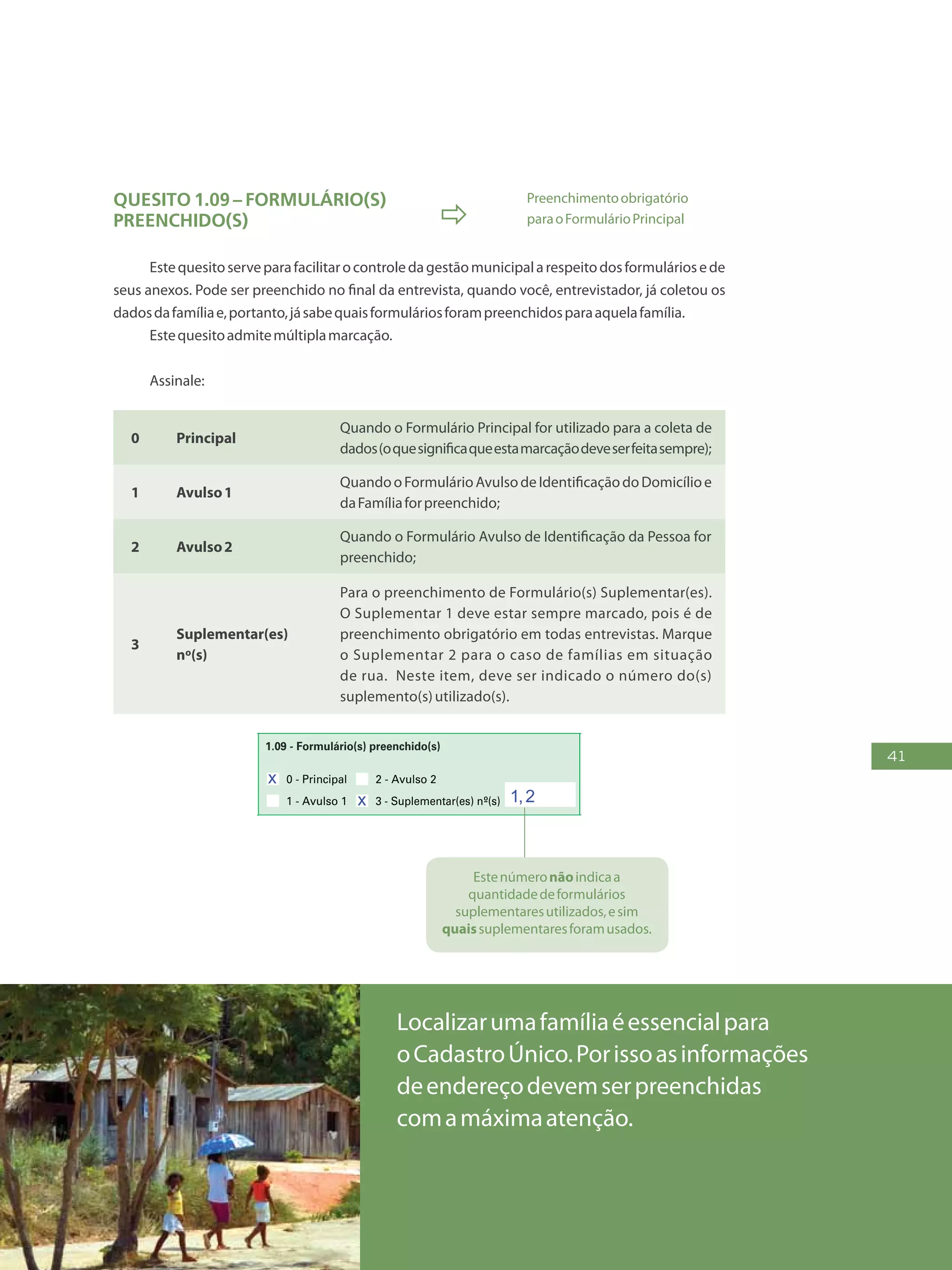 41
Quesito 1.09 – Formulário(s)
preenchido(s) 
Preenchimentoobrigatório
paraoFormulárioPrincipal
Estequesitoserveparafacilitarocontroledagestãomunicipalarespeitodosformuláriosede
seus anexos. Pode ser preenchido no final da entrevista, quando você, entrevistador, já coletou os
dadosdafamíliae,portanto,jásabequaisformuláriosforampreenchidosparaaquelafamília.
Estequesitoadmitemúltiplamarcação.
Assinale:
0 Principal
Quando o Formulário Principal for utilizado para a coleta de
dados(oquesignificaqueestamarcaçãodeveserfeitasempre);
1 Avulso1
QuandooFormulárioAvulsodeIdentificaçãodoDomicílioe
daFamíliaforpreenchido;
2 Avulso2
Quando o Formulário Avulso de Identificação da Pessoa for
preenchido;
3
Suplementar(es)
nº(s)
Para o preenchimento de Formulário(s) Suplementar(es).
O Suplementar 1 deve estar sempre marcado, pois é de
preenchimento obrigatório em todas entrevistas. Marque
o Suplementar 2 para o caso de famílias em situação
de rua. Neste item, deve ser indicado o número do(s)
suplemento(s)utilizado(s).
AASLETRASCONFORMEOMODELO:
PREENCHAA QUADRÍCULA
DESTA FORMA:
FormulárioPrincipalde
Cadastramento-CADÚNICO-F1
overno Federal
Ministério do Desenvolvimento Social e Combate à Fome
ecretaria Nacional de Renda de Cidadania
epartamento do Cadastro Único
1 - IDENTIFICAÇÃO E CONTROLE
ENDEREÇO DA FAMÍLIA
1 - Código familiar
7 - Modalidade da
eração
1 - Inclusão
1.05 - Subdistrito 1.06 - Setor censitário
1 - Localidade (bairro,
voado, vila, etc.)
1.02 - UF 1.04 - Distrito1.03 - Município
2 - Alteração
1.08 - Forma de coleta
de dados
1 - Sem visita domiciliar
2 - Com visita domiciliar
1.09 - Formulário(s) preenchido(s) 1.10 - Data da entrevista
0 - Principal
1 - Avulso 1
2 - Avulso 2
3 - Suplementar(es) nº(s) Dia Mês
/ / 2 0
Ano
9 - Unidade territorial local
2 - Tipo (rua, avenida,
arapé, etc.)
3 - Título (general,
nta, pintor, etc.)
1.18 - CEP
5 - Número 1.16 - Complemento do número (s/nº, km, A, FUNASA, SUCAM, etc.)
gradouro (tipo, título, nome)
Formulário Principal
de Cadastramento
F1
4 - Nome
7 - Complemento adicional (apartamento, casa, sobrado, fundos, bloco, lote, quadra, etc.)
1 2 3 4 5 6 7 8 9 1 0
1 2
1,2
0 5 1 0x x
x
E D F
QN M 3 4
T A G U A T I NG A N O R T E
S N
CO N J U N T O E 2 C A S A 2 3 S E T O R M N OR T E
7 2 1 4 5 4 2 5
Estenúmeronãoindicaa
quantidadedeformulários
suplementaresutilizados,esim
quaissuplementaresforamusados.
Localizarumafamíliaéessencialpara
oCadastroÚnico.Porissoasinformações
deendereçodevemserpreenchidas
comamáximaatenção.
 