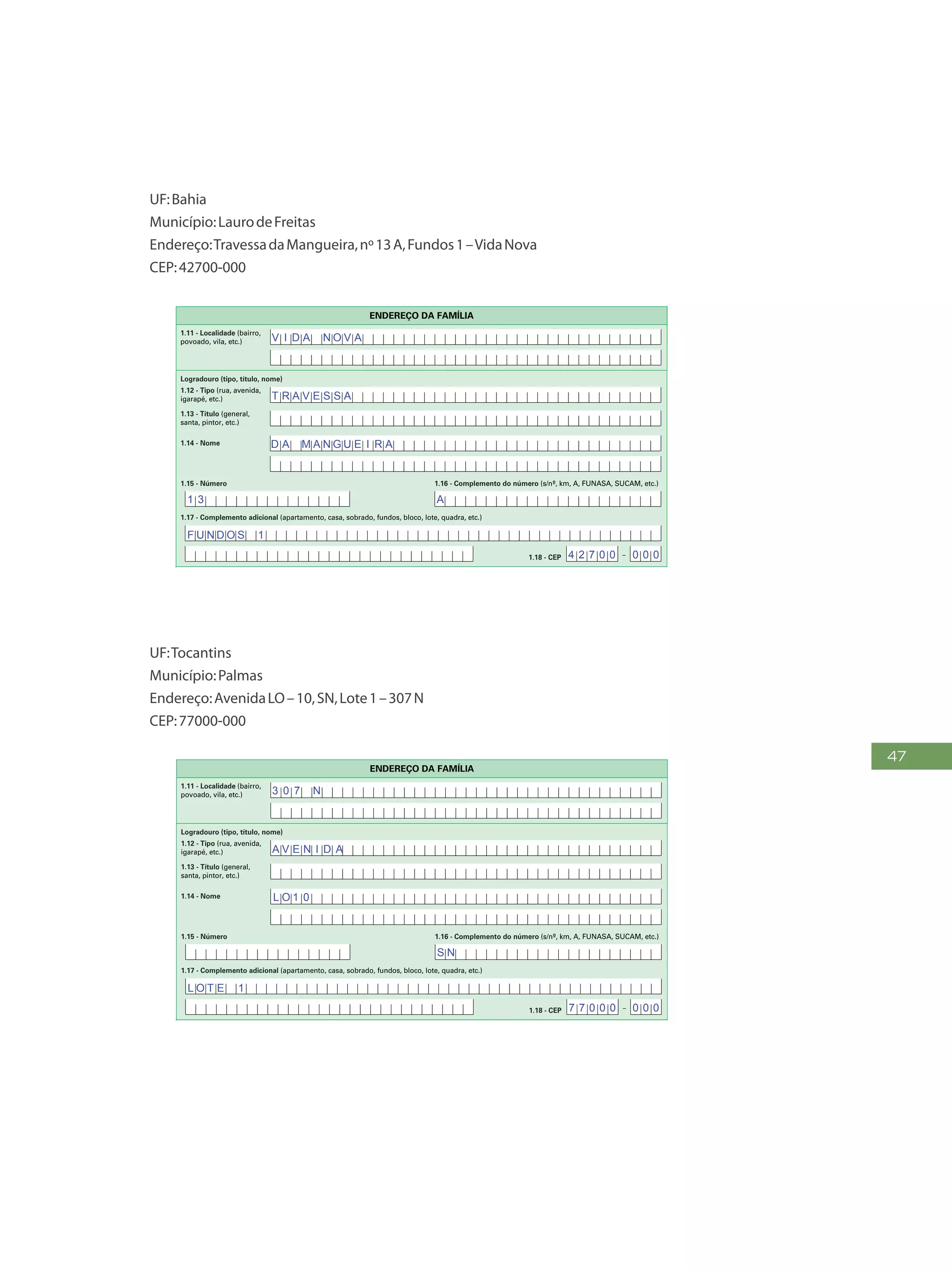 47
UF:Bahia
Município:LaurodeFreitas
Endereço:TravessadaMangueira,nº13A,Fundos1–VidaNova
CEP:42700-000
FAÇAASLETRASCONFORMEOMODELO:
PREENCHAA QUADRÍCULA
DESTA FORMA:
3
FormulárioPrincipalde
Cadastramento-CADÚNICO-F1
ENTREVISTADOR
Governo Federal
Ministério do Desenvolvimento Social e Combate à Fome
Secretaria Nacional de Renda de Cidadania
Departamento do Cadastro Único
1.21 - Nome
1.22 - CPF do entrevistador
1.23 - Observações
Assinatura do representante da
prefeitura/órgão responsável pelo cadastramento
Assinatura do
entrevistador
1 - IDENTIFICAÇÃO E CONTROLE
ENDEREÇO DA FAMÍLIA
1.01 - Código familiar
1.07 - Modalidade da
operação
1 - Inclusão
1.05 - Subdistrito 1.06 - Setor censitário
1.11 - Localidade (bairro,
povoado, vila, etc.)
1.02 - UF 1.04 - Distrito1.03 - Município
2 - Alteração
1.08 - Forma de coleta
de dados
1 - Sem visita domiciliar
2 - Com visita domiciliar
1.09 - Formulário(s) preenchido(s) 1.10 - Data da entrevista
0 - Principal
1 - Avulso 1
2 - Avulso 2
3 - Suplementar(es) nº(s) Dia Mês
/ / 2 0
Ano
1.19 - Unidade territorial local
1.20 - Referência para
localização
a) Código b) Descrição
1.12 - Tipo (rua, avenida,
igarapé, etc.)
1.13 - Título (general,
santa, pintor, etc.)
1.18 - CEP
1.15 - Número 1.16 - Complemento do número (s/nº, km, A, FUNASA, SUCAM, etc.)
Logradouro (tipo, título, nome)
Formulário Principal
de Cadastramento
F1
-
1.14 - Nome
1.17 - Complemento adicional (apartamento, casa, sobrado, fundos, bloco, lote, quadra, etc.)
1 2 3 4 5 6 7 8 9 1 0
1 2
1,2
0 5 1 0
x
x x
x
B A R T O L OM E U S I L V A
R U A
P E R E I R A D E A L M E I D A
V I D A N O V A
T R A V E S S A
D A M A N G U E I R A
1 3 A
F U N D O S 1
4 2 7 0 0 0 0 0
UF:Tocantins
Município:Palmas
Endereço:AvenidaLO–10,SN,Lote1–307N
CEP:77000-000
FAÇAASLETRASCONFORMEOMODELO:
PREENCHAA QUADRÍCULA
DESTA FORMA:
FormulárioPrincipalde
Cadastramento-CADÚNICO-F1
ENTREVISTADOR
Governo Federal
Ministério do Desenvolvimento Social e Combate à Fome
Secretaria Nacional de Renda de Cidadania
Departamento do Cadastro Único
1.21 - Nome
1.22 - CPF do entrevistador
1.23 - Observações
Assinatura do representante da
prefeitura/órgão responsável pelo cadastramento
Assinatura do
entrevistador
1 - IDENTIFICAÇÃO E CONTROLE
ENDEREÇO DA FAMÍLIA
1.01 - Código familiar
1.07 - Modalidade da
operação
1 - Inclusão
1.05 - Subdistrito 1.06 - Setor censitário
1.11 - Localidade (bairro,
povoado, vila, etc.)
1.02 - UF 1.04 - Distrito1.03 - Município
2 - Alteração
1.08 - Forma de coleta
de dados
1 - Sem visita domiciliar
2 - Com visita domiciliar
1.09 - Formulário(s) preenchido(s) 1.10 - Data da entrevista
0 - Principal
1 - Avulso 1
2 - Avulso 2
3 - Suplementar(es) nº(s) Dia Mês
/ / 2 0
Ano
1.19 - Unidade territorial local
1.20 - Referência para
localização
a) Código b) Descrição
1.12 - Tipo (rua, avenida,
igarapé, etc.)
1.13 - Título (general,
santa, pintor, etc.)
1.18 - CEP
1.15 - Número 1.16 - Complemento do número (s/nº, km, A, FUNASA, SUCAM, etc.)
Logradouro (tipo, título, nome)
Formulário Principal
de Cadastramento
F1
-
1.14 - Nome
1.17 - Complemento adicional (apartamento, casa, sobrado, fundos, bloco, lote, quadra, etc.)
1 2 3 4 5 6 7 8 9 1 0
1 2
1,2
0 5 1 0
x
x x
x
B A R T O L O M E U S I L V A
R U A
P E R E I R A D E A L M E I D A
3 0 7 N
A V E N I D A
L O 1 0
S N
L O T E 1
7 7 0 0 0 0 0 0
 