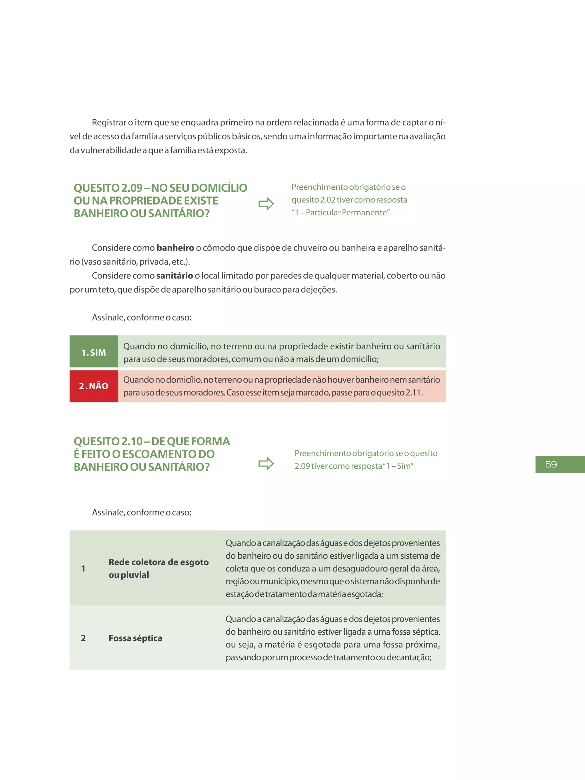 59
Registrar o item que se enquadra primeiro na ordem relacionada é uma forma de captar o ní-
veldeacessodafamíliaaserviçospúblicosbásicos,sendoumainformaçãoimportantenaavaliação
davulnerabilidadeaqueafamíliaestáexposta.
Quesito2.09–Noseudomicílio
ounapropriedadeexiste
banheiroousanitário?

Preenchimentoobrigatórioseo
quesito2.02tivercomoresposta
“1–ParticularPermanente”
Considere como banheiro o cômodo que dispõe de chuveiro ou banheira e aparelho sanitá-
rio(vasosanitário,privada,etc.).
Considere como sanitário o local limitado por paredes de qualquer material, coberto ou não
porumteto,quedispõedeaparelhosanitárioouburacoparadejeções.
Assinale,conformeocaso:
1.Sim
Quando no domicílio, no terreno ou na propriedade existir banheiro ou sanitário
parausodeseusmoradores,comumounãoamaisdeumdomicílio;
2.Não
Quandonodomicílio,noterrenoounapropriedadenãohouverbanheironemsanitário
parausodeseusmoradores.Casoesseitemsejamarcado,passeparaoquesito2.11.
Quesito2.10–Dequeforma
éfeitooescoamentodo
banheiroousanitário? 
Preenchimentoobrigatórioseoquesito
2.09tivercomoresposta“1–Sim”
Assinale,conformeocaso:
1
Rede coletora de esgoto
oupluvial
Quandoacanalizaçãodaságuasedosdejetosprovenientes
do banheiro ou do sanitário estiver ligada a um sistema de
coleta que os conduza a um desaguadouro geral da área,
regiãooumunicípio,mesmoqueosistemanãodisponhade
estaçãodetratamentodamatériaesgotada;
2 Fossaséptica
Quandoacanalizaçãodaságuasedosdejetosprovenientes
do banheiro ou sanitário estiver ligada a uma fossa séptica,
ou seja, a matéria é esgotada para uma fossa próxima,
passandoporumprocessodetratamentooudecantação;
 