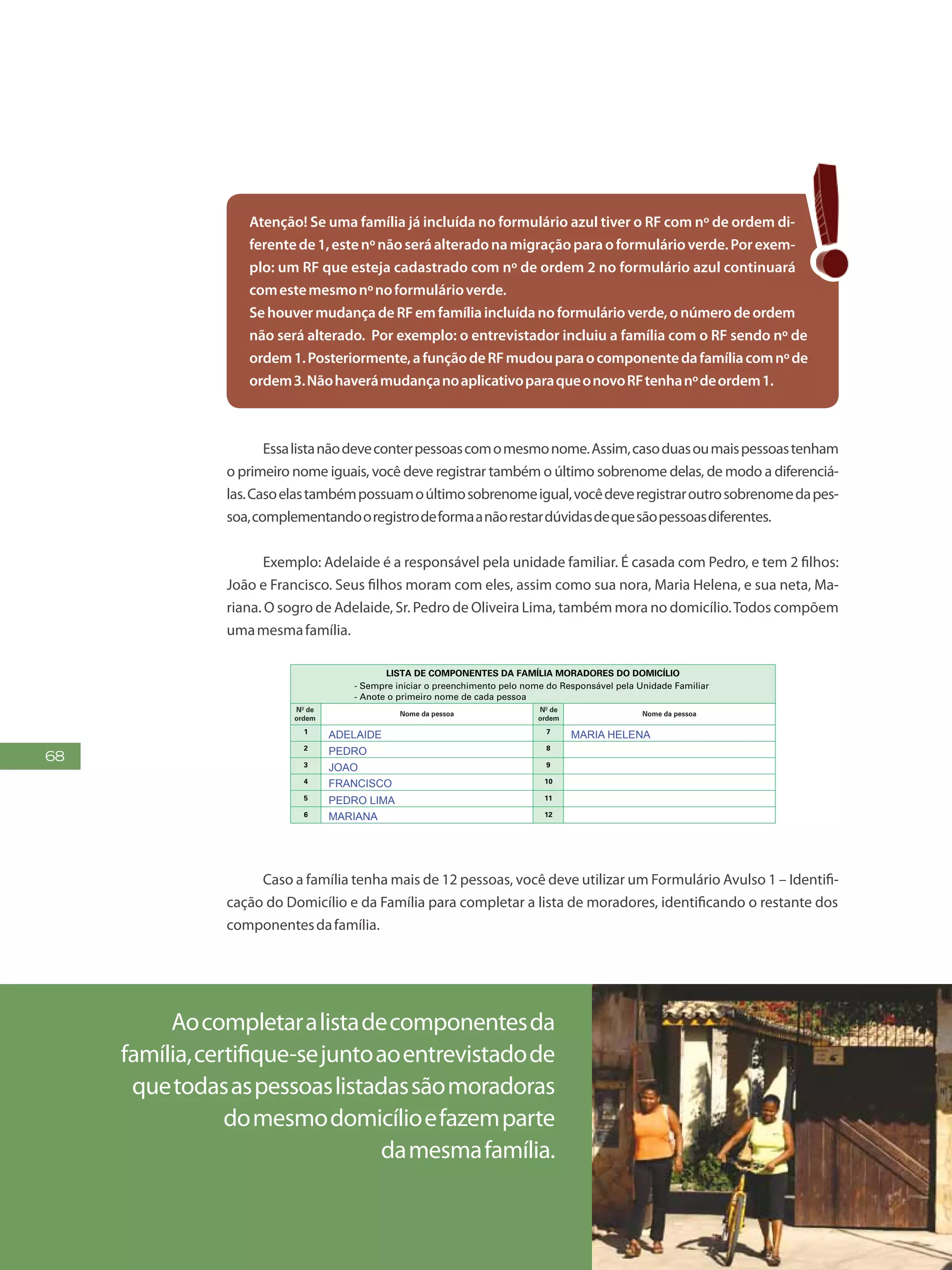 68
Atenção! Se uma família já incluída no formulário azul tiver o RF com nº de ordem di-
ferentede1,estenºnãoseráalteradonamigraçãoparaoformulárioverde.Porexem-
plo: um RF que esteja cadastrado com nº de ordem 2 no formulário azul continuará
comestemesmonºnoformulárioverde.
SehouvermudançadeRFemfamíliaincluídanoformulárioverde,onúmerodeordem
não será alterado. Por exemplo: o entrevistador incluiu a família com o RF sendo nº de
ordem1.Posteriormente,afunçãodeRFmudouparaocomponentedafamíliacomnºde
ordem3.NãohaverámudançanoaplicativoparaqueonovoRFtenhanºdeordem1.
Essalistanãodeveconterpessoascomomesmonome.Assim,casoduasoumaispessoastenham
o primeiro nome iguais, você deve registrar também o último sobrenome delas, de modo a diferenciá-
las.Casoelastambémpossuamoúltimosobrenomeigual,vocêdeveregistraroutrosobrenomedapes-
soa,complementandooregistrodeformaanãorestardúvidasdequesãopessoasdiferentes.
Exemplo: Adelaide é a responsável pela unidade familiar. É casada com Pedro, e tem 2 filhos:
João e Francisco. Seus filhos moram com eles, assim como sua nora, Maria Helena, e sua neta, Ma-
riana. O sogro de Adelaide, Sr. Pedro de Oliveira Lima, também mora no domicílio.Todos compõem
umamesmafamília.
FAÇAASLETRASCONFORMEOMODELO:
PREENCHAA QUADRÍCULA
DESTA FORMA:
5
FormulárioPrincipalde
Cadastramento-CADÚNICO-F1
a) Nome
3.11 - Nome e código do Estabelecimento de Assistência à Saúde - EAS/MS em que os membros da família são atendidos quando necessitam:
b) Código
3.07 - Quantas pessoas moram no seu domicílio? (Não preencher para famílias em situação de rua)
3.08 - Quantas famílias moram no seu domicílio? (Não preencher para famílias em situação de rua)
3.09 - Há alguma pessoa dessa família que está internada ou abrigada em hospital, casa de saúde, asilo, orfanato ou em outro estabelecimento similar
há 12 meses ou mais? (Não preencher para famílias em situação de rua)
1 - Criança(s) e adolescente(s) (de 0 a 17 anos) 0 - Não tem
2 - Jovem(ns) e adulto(s) (de 18 a 64 anos) 0 - Não tem
3 - Idoso(s) (de 65 anos ou mais) 0 - Não tem
3.12 - Nome e código do Centro de Referência da Assistência Social (CRAS/CREAS) em que os membros da família são atendidos quando
necessitam:
a) Nome
b) Código
1 - Energia elétrica
2 - Água e esgoto 0 - Não tem,00
3 - Gás, carvão e lenha 0 - Não tem,00
4 - Alimentação, higiene e limpeza 0 - Não tem,00
5 - Transporte 0 - Não tem,00
6 - Aluguel 0 - Não tem,00
7 - Medicamentos de uso regular 0 - Não tem,00
0 - Não tem,00
1
2
3
4
5
6
1 - Sim
3.05 - A família é quilombola?
2 - Não - Passe ao 3.07
3.06 - Qual é o nome da comunidade quilombola?
2 - Não sabe
- Sempre iniciar o preenchimento pelo nome do Responsável pela Unidade Familiar
- Anote o primeiro nome de cada pessoa
LISTA DE COMPONENTES DA FAMÍLIA MORADORES DO DOMICÍLIO
7
8
9
10
11
12
Nº de
ordem
Nº de
ordem
Nome da pessoa Nome da pessoa
3.10 - A família, normalmente, tem despesa mensal com:
1 5
2 0
1 8 5
X U K U R U K A R I R I
x
ADELAIDE
PEDRO
JOAO
FRANCISCO
PEDRO LIMA
MARIANA
MARIA HELENA
Caso a família tenha mais de 12 pessoas, você deve utilizar um Formulário Avulso 1 – Identifi-
cação do Domicílio e da Família para completar a lista de moradores, identificando o restante dos
componentesdafamília.
Aocompletaralistadecomponentesda
família,certifique-sejuntoaoentrevistadode
quetodasaspessoaslistadassãomoradoras
domesmodomicílioefazemparte
damesmafamília.
 