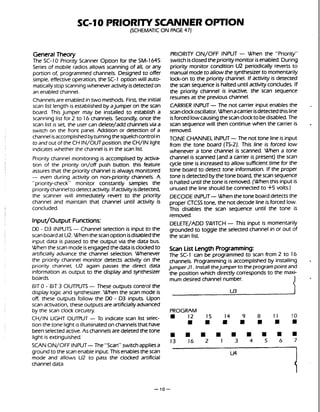 SC-10 PRIORITYSCANNER OITION
(SCHEMATICON PAGE47)
GeneralTheory
The SC-1 0 Priority Scanner Option for the SM-1645
Series of mobile radios allows scanning of all, or any
portion of, programmedchannels. Designed to offer
simple, effective operation, the SC-I option will aute
maticallystop scanningwhenever activity isdetectedon
an enabled channel.
Channelsare enabledintwo methods. First the initial
scan list length is established by ajumper on the scan
board. This jumper may be installed to establish a
scanning list for 2 to 16 channels. Secondly, once the
scan list is set the user can delete/add channelsvia a
switch on the front panel. Addition or detection of a
channelisaccomplishedbyturningthesquelchcontrolin
to andout of the CH IN/OUT position.the CH/IN light
indicates whether the channel is in the scan list.
Priority channel monitoring is accomplised by activb
tion of the priority on/off push button. this feature
assures that the priority channel is always monitored
- even during activity on non-priority channels. A
"priority-check" monitor constantly samples the
prioritychannelto detectactivity. Ifactivityisdetected,
the scanner will immediately revert to the priority
channel and maintain that channel until activity is
concluded.
Input/Output Functions:
DO - D3 INPUTS- Channel selection is input to the
scanboardat U2.Whenthescanoption isdisabledthe
input data is passed to the output via the data bus.
When the scan modeisengagedthe data isclockedto
artificially advance the channel selection. Whenever
the priority channel monitor detects activity on the
priority channel, U2 again passes the direct data
information as output to the display and synthesizer
boards.
61T 0 -' BiT 3 OUTPUTS - These outputs control the
display logic and synthesizer.'When the scan mode is
off, these outputs fallow the DO - D3 inputs. Upon
scan activation, these outputs are artificiallyadvanced
by the scan clock circuitry.
CH/IN LIGHT OUTPUT - To indicate scan list selec-
tion the tone light is illuminatedon channelsthat have
beenselectedactive.As channelsare deleted the tone
light is extinguished.
SCANON/OFF INPUT- The"Scan" switchappliesa
ground to the scanenable input Thisenablesthe scan
mode and allows U2 to pass the clocked artificial
channel data.
PRIORI7Y ON/OFF INPUT - When the "Priorit)/'
switch isclosedthepriority monitor isenabled. During
priority monitor condition U2 periodically reverts to
manualmodeto allow the synthesizer to momentarily
lock-on to the priority channel. If activity is detected
the scan sequence is halted until activityconcludes. If
the priority channel is inactive, the scan sequence
resumes at the previous channel.
CARRIER INPUT-The not carrier input enables the ,
scanclockoscillator. Whenacarrierisdetectedthisline
isforcedlowcausingthescanclockto bedisabled. The
scan sequence will then continue when the carrier is .
removed.
TONE CHANNEL INPUT-The not tone line is input
from the tone board (TS-2). This line is forced low
whenever a tone channel is scanned. When a tone
channel is scanned (anda carrier is present) the scan
cycle time is increasedto allow sufficient time for the
tone board to detect tone information. If the proper
tone isdetectedbythe tone board, the scansequence
ishalted until the tone is removed. (Whenthis input is
unused the line should be connected to 4-5volts.)
DECODEINPUT-When the tone board detects the
proper CTCSStone, the not decode line is forced low.
This disables the scan sequence until the tone is
removed.
DELETE/ADD SWITCH - This input is momentarily
grounded to toggle the selected channel in or out of
the scan list
Scan List Length Programming:
The SC-1 can be programmed to scan from 2 to 16
channels. Programming is accomplished by installing .
jumper J1. Installthejumper to theprogrampointand
the position which directly corresponds to the maxi-
mum desired channel number.
PROGRAM
12 IS 14 9 8 1 1 10
. . . . . .
 