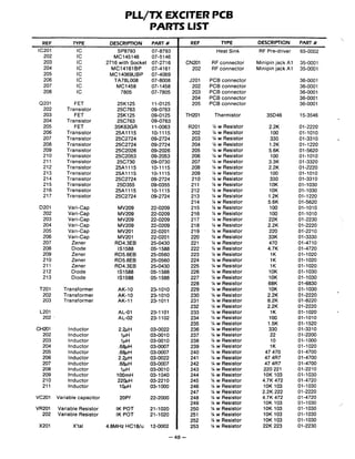 PLL/TX EXCITER PCB
PARTS LIST
REF
IC201
202
203
204
205
206
207
208
TYPE DESCRIPTION
IC SP8793
IC MC145146
IC 2716 with Socket
IC MC14161BP
IC MC14069UBP
IC TA78L008
IC MC1458
IC 7805
PART #
07-8793
07-5146
07-2716
07-4161
07-4069
07-8008
07-1458
07-7805
REF TYPE DESCRIPTION PART #
Heat Sink
RF connector
RF connector
Minipin jack A1
Minipin jack A1
PCB connector
PCB connector
PCB connector
PCB connector
PCB connectorFET
Transistor
FET
Transistor
FET
Transistor
Transistor
Transistor
Transistor
Transistor
Transistor
Transistor
Transistor
Transistor
Transistor
Transistor
Transistor
Thermistor
% w Resistor
% w Resistor
% w Resistor
% w Resistor
% w Resistor
% w Resistor
% w Resistor
% w Resistor
% w Resistor
% w Resistor
% w Resistor
% w Resistor
% w Resistor
% w Resistor
% w Resistor
% w Resistor
l/q w Resistor
% w Resistor
% w Resistor
% w Resistor
% w Resistor
% w Resistor
% w Resistor
% w Resistor
% w Resistor
% w Resistor
% w Resistor
% w Resistor
% w Resistor
% w Resistor
% w Resistor
% w Resistor
% w Resistor
% w Resistor
% w Resistor
% w Resistor
% w Resistor
% w Resistor
% w Resistor
% w Resistor
l/4 w Resistor
% w Resistor
% w Resistor
% w Resistor
% w Resistor
% w Resistor
% w Resistor
% w Resistor
% w Resistor
% w Resistor
% w Resistor
% w Resistor
% w Resistor
Vari-Cap
Vari-Cap
Vari-Cap
Vari-Cap
Vari-Cap
Vari-Cap
Zener
Diode
Zener
Zener
Zener
Diode
Diode
Transformer AK-10
Transformer AK-10
Transformer AK-11
lnductor
lnductor
lnductor
lnductor
lnductor
lnductor
lnductor
lnductor
lnductor
lnductor
lnductor
Variable capacitor 20Pf
Variable Resistor IK POT
Variable Resistor IK POT
X'tal 4.8MHz HC18/u
 