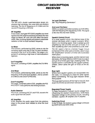 CIRCUIT DESCRIPTION
RECEIVER
General 1st Local Oscillator
The SM-1645's double superheterodyne design em- See "PLL/Frequency Generation".
phasizes high sensitivity, low noise leveland excellent
selectivity.The first IF frequenq is 21.5 MHz and the
2nd
second IF frequency is 455 kHz.
0105 isa crystal-controlled oscillatorat 21.145 MHz,
RFAmplifler
A low-noise, dual-gate FET(0101)amplifies low-level
signalsfrom the antenna terminal and feeds the next
stage (1st Mixer).RF coils L101-L105 affect the band-
width, filter incomingsignalsand preventundesirable
radiationof the 1st localoscillator frequency.
1st Mixer
This function, performedby 0102, serves to mix the
incoming signal and that of the 1st local oscillator,
resulting in the 1st IF of 21.6 MHz. This stage is im-
portant inachieving a high level of intermodulation
rejection.
with the frequency fine adjustedby CVIOI.This signal ,
is fed into the 2nd mixer (0106).
Squelch Control Circuit
In a noise squelch circuit, the internal noise of the
receiver decreases when a signal is present. When
there is no incoming signal, noise is picked up and
amplified by half of IC102 and part of IC103. It is
then rectifiedby 0107 and converted to a DC level.
The DC signal is fed to a Schmitt Trigger Circuir
(comprisedof the other parts of IC103),which stops
the amplification function of lClO2 (DC-Controlled
Attenuator).
When there is incomingsignal, and the internal noise
decreases, the Noise Detector(0107)losesits output
1st IFAmplifler
and pin 10 of IC103 goes high, enabling IC102.The
This circuit, consistingof 0104, amplifies the 21.6 MHz squelch point is controlled by the squelch potenri-
signal. ometer, which varies the gain of lClO2 at the DC
level.
2nd Mlxer Busy Llght
This function, performed by 0106, serves to mix the Where tone squelch systems are incorporated into
frequency of the 2nd local oscillator, and to convert the radio, it is necessary to check for other signals
21.6 MHz to the 2nd IFof 455 Khz. before transmitting. The busy light indicator serves
that purpose.
2nd IFAmplifier The busy light functions off the high or low DC level
This staqe, containedwithin IC101, amplifiesthe455
at pin 10of IC103via LEDdriver transistor 0108. d
KHz 2nd IF. Italso performsthe limiting function.
Regulated Power Supply
Audlo Detector To keep fluctuations in power source voltage from
This circ~it,consistingof IC101 and F103, recoversthe influencing the receiver characteristics, IC105 feeds
audio signal from the 2nd IF. regulated voltage to the primary circuits, including
oscillator, squelch, RFamplifier and IFamplifier.
AF Amplifler
IC104 amplifies the audio signal from the previous Switching Clrcult
stage to the power level needed to drive the loud Inthe TX mode, the receiversupplyvoltageis removed
speaker. by 0109-0110 and 0105-0106.
 