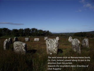 The axial stone circle at Reenascreena South,
Co. Cork, Ireland, viewed along its axis in the
direction from the portals
towards the recumbent stone. (Courtesy of
Clive Ruggles)
 