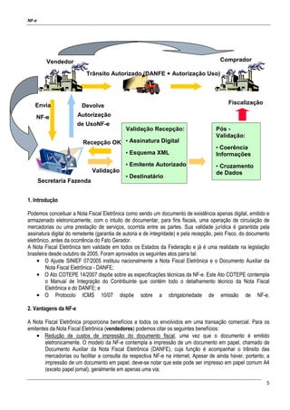 NF-e
5
NOTA FISCAL ELETRÔNICA – NFe
1. Introdução
Podemos conceituar a Nota Fiscal Eletrônica como sendo um documento de existência apenas digital, emitido e
armazenado eletronicamente, com o intuito de documentar, para fins fiscais, uma operação de circulação de
mercadorias ou uma prestação de serviços, ocorrida entre as partes. Sua validade jurídica é garantida pela
assinatura digital do remetente (garantia de autoria e de integridade) e pela recepção, pelo Fisco, do documento
eletrônico, antes da ocorrência do Fato Gerador.
A Nota Fiscal Eletrônica tem validade em todos os Estados da Federação e já é uma realidade na legislação
brasileira desde outubro de 2005. Foram aprovados os seguintes atos parra tal:
• O Ajuste SINIEF 07/2005 instituiu nacionalmente a Nota Fiscal Eletrônica e o Documento Auxiliar da
Nota Fiscal Eletrônica - DANFE;
• O Ato COTEPE 14/2007 dispõe sobre as especificações técnicas da NF-e. Este Ato COTEPE contempla
o Manual de Integração do Contribuinte que contém todo o detalhamento técnico da Nota Fiscal
Eletrônica e do DANFE; e
• O Protocolo ICMS 10/07 dispõe sobre a obrigatoriedade de emissão de NF-e.
2. Vantagens da NF-e
A Nota Fiscal Eletrônica proporciona benefícios a todos os envolvidos em uma transação comercial. Para os
emitentes da Nota Fiscal Eletrônica (vendedores) podemos citar os seguintes benefícios:
• Redução de custos de impressão do documento fiscal, uma vez que o documento é emitido
eletronicamente. O modelo da NF-e contempla a impressão de um documento em papel, chamado de
Documento Auxiliar da Nota Fiscal Eletrônica (DANFE), cuja função é acompanhar o trânsito das
mercadorias ou facilitar a consulta da respectiva NF-e na internet. Apesar de ainda haver, portanto, a
impressão de um documento em papel, deve-se notar que este pode ser impresso em papel comum A4
(exceto papel jornal), geralmente em apenas uma via;
EnviaEnvia
NFENF-e
DevolveDevolve
AutorizaçãoAutorização
de Usode UsoNF-eNF-e
Trânsito Autorizado (DANFE + Autorização Uso)Trânsito Autorizado (DANFE + Autorização Uso)
Secretaria FazendaSecretaria Fazenda
VendedorVendedor CompradorComprador
Validação Recepção:Validação Recepção:
•• Assinatura Digital
• Esquema XML
• Emitente Autorizado
• Destinatário
ValidaçãoValidação
Recepção OKRecepção OK
Pós -Pós -
Validação:Validação:
•• Coerência
Informações
• Cruzamento
de Dados
FiscalizaçãoFiscalização
 