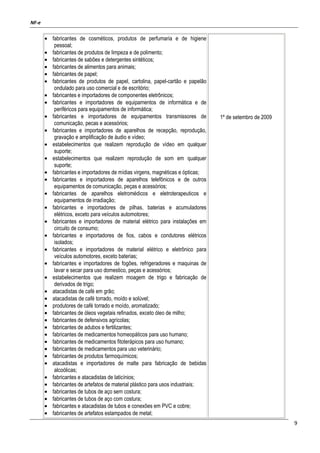 NF-e
9
• fabricantes de cosméticos, produtos de perfumaria e de higiene
pessoal;
• fabricantes de produtos de limpeza e de polimento;
• fabricantes de sabões e detergentes sintéticos;
• fabricantes de alimentos para animais;
• fabricantes de papel;
• fabricantes de produtos de papel, cartolina, papel-cartão e papelão
ondulado para uso comercial e de escritório;
• fabricantes e importadores de componentes eletrônicos;
• fabricantes e importadores de equipamentos de informática e de
periféricos para equipamentos de informática;
• fabricantes e importadores de equipamentos transmissores de
comunicação, pecas e acessórios;
• fabricantes e importadores de aparelhos de recepção, reprodução,
gravação e amplificação de áudio e vídeo;
• estabelecimentos que realizem reprodução de vídeo em qualquer
suporte;
• estabelecimentos que realizem reprodução de som em qualquer
suporte;
• fabricantes e importadores de mídias virgens, magnéticas e ópticas;
• fabricantes e importadores de aparelhos telefônicos e de outros
equipamentos de comunicação, peças e acessórios;
• fabricantes de aparelhos eletromédicos e eletroterapeuticos e
equipamentos de irradiação;
• fabricantes e importadores de pilhas, baterias e acumuladores
elétricos, exceto para veículos automotores;
• fabricantes e importadores de material elétrico para instalações em
circuito de consumo;
• fabricantes e importadores de fios, cabos e condutores elétricos
isolados;
• fabricantes e importadores de material elétrico e eletrônico para
veículos automotores, exceto baterias;
• fabricantes e importadores de fogões, refrigeradores e maquinas de
lavar e secar para uso domestico, peças e acessórios;
• estabelecimentos que realizem moagem de trigo e fabricação de
derivados de trigo;
• atacadistas de café em grão;
• atacadistas de café torrado, moído e solúvel;
• produtores de café torrado e moído, aromatizado;
• fabricantes de óleos vegetais refinados, exceto óleo de milho;
• fabricantes de defensivos agrícolas;
• fabricantes de adubos e fertilizantes;
• fabricantes de medicamentos homeopáticos para uso humano;
• fabricantes de medicamentos fitoterápicos para uso humano;
• fabricantes de medicamentos para uso veterinário;
• fabricantes de produtos farmoquímicos;
• atacadistas e importadores de malte para fabricação de bebidas
alcoólicas;
• fabricantes e atacadistas de laticínios;
• fabricantes de artefatos de material plástico para usos industriais;
• fabricantes de tubos de aço sem costura;
• fabricantes de tubos de aço com costura;
• fabricantes e atacadistas de tubos e conexões em PVC e cobre;
• fabricantes de artefatos estampados de metal;
1º de setembro de 2009
 