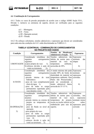N-253 REV. H SET / 98
9
4.4 Combinação de Carregamentos
4.4.1 Todos os vasos de pressão projetados de acordo com o código ASME Seção VI11,
Divisão 1, inclusive as estruturas de suporte, devem ser verificados para as seguintes
condições:
a) I - Montagem;
b) II - Teste;
c) III - Operação normal;
d) IV - Parada.
4.4.2 Os esforços solicitantes, tensões admissíveis e espessuras que devem ser consideradas
para cada uma das condições de 4.4.1 estão discriminadas na TABELA 1:
TABELA 1(CONTINUA) - COMBINAÇÃO DE CARREGAMENTOS
NO PROJETO DOS VASOS
Condição Carregamentos
Tensões de Membrana
Admissíveis à Tração 7)
Espessuras
I-MONTAGEM
Consideração simultânea dos
seguintes carregamentos
seguintes:
a) peso próprio do vaso 1);
b) esforços devidos à ação do
vento ou terremoto 2);
Tensões admissíveis das
tabelas da norma para o
material do vaso na
temperatura ambiente,
acrescidas de 20%.
Espessuras
nominais das
chapas
6)
II-TESTE
Consideração simultânea dos
seguintes carregamentos
atuantes:
- pressão interna de teste
hidrostático.
- peso do vaso completamente
cheio de água 1).
- peso de todas as cargas
permanentes suportadas pelo
vaso durante o teste 3).
A tensão máxima não pode
exceder 80% do limite de
elasticidade do material na
temperatura ambiente. Para
Partes não Pressurizadas,
pode ser considerada a
tensão admissível básica
acrescida de 33 1/3 %.
Espessuras
nominais ou
espessuras
corroídas.
6)
III-OPERAÇÃO
5)
Consideração simultânea dos
seguintes carregamentos
atuantes:
- pressão interna ou externa de
projeto na temperatura de
projeto.
peso do fluido no nível de
operação.
- peso próprio do vaso.
- peso de todas as cargas
permanentes suportadas pelo
vaso 4).
- esforços devido à ação do
vento ou terremoto 2).
Tensões admissíveis das
tabelas da norma para o
material do vaso na
temperatura de projeto,
exceto no trecho inferior ao
estabelecido para saia de
suporte.
Espessuras
corroídas, isto
é, espessuras
nominais menos
as sobre-
espessuras para
corrosão
6)
 