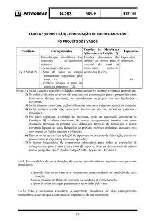 N-253 REV. H SET / 98
10
TABELA 1(CONCLUSÃO) - COMBINAÇÃO DE CARREGAMENTOS
NO PROJETO DOS VASOS
Condição Carregamentos
Tensões de Membrana
Admissíveis à Tração 7)
Espessuras
IV-PARADA
Consideração simultânea dos
seguintes carregamentos
atuantes:
- peso próprio do vaso.
- peso de todas as cargas
permanentes suportadas pelo
vaso 4).
- esforços devidos à ação do
vento ou terremoto 2).
Tensões admissíveis das
tabelas da norma para o
material do vaso na
temperatura ambiente,
acrescidas de 20%.
Espessuras
corroídas.
6)
Notas: 1) Inclui o casco e acessórios soldados; exclui acessórios externos e internos removíveis;
2) Os esforços devidos ao vento não precisam ser considerados para o projeto dos vasos
horizontais, devem, entretanto, ser considerados no projeto das suas fundações e
estruturas;
3) Inclui internos removíveis; exclui isolamento interno ou externo e acessórios externos;
4) Inclui internos removíveis, isolamento interno ou externo, acessórios externos e
tubulações;
5) Em casos especiais, a critério do Projetista, pode ser necessário considerar na
Condição III o efeito simultâneo de outros carregamentos atuantes, tais como
dilatações térmicas do próprio vaso, dilatações térmicas de tubulações e outras
estruturas ligadas ao vaso, flutuações de pressão, esforços dinâmicos causados pelo
movimento de fluidos internos e vibrações;
6) Para as partes que sofrem redução de espessura no processo de fabricação, devem ser
consideradas as espessuras mínimas esperadas;
7) A tensão longitudinal de compressão admissível, para todas as condições de
carregamento, para o vaso e para saias de suporte, deve ser determinada de acordo
com o parágrafo UG-23 (b) do Código ASME, Seção VIII, Divisão 1.
4.4.3 Em condições de curta duração, devem ser considerados os seguintes carregamentos
simultâneos:
a) pressão interna ou externa e temperatura correspondente na condição de curta
duração;
b) peso máximo do fluido de operação na condição de curta duração;
c) peso de todas as cargas permanentes suportadas pelo vaso.
4.4.3.1 Não é necessário considerar a ocorrência simultânea de dois carregamentos
temporários, a não ser que exista razoável expectativa de sua ocorrência.
 