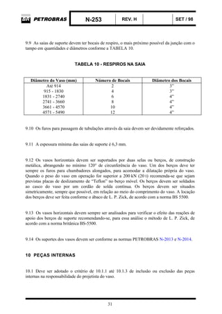 N-253 REV. H SET / 98
31
9.9 As saias de suporte devem ter bocais de respiro, o mais próximo possível da junção com o
tampo em quantidades e diâmetros conforme a TABELA 10.
TABELA 10 - RESPIROS NA SAIA
Diâmetro do Vaso (mm) Número de Bocais Diâmetro dos Bocais
Até 914
915 - 1830
1831 - 2740
2741 - 3660
3661 - 4570
4571 - 5490
2
4
6
8
10
12
3”
3”
4”
4”
4”
4”
9.10 Os furos para passagem de tubulações através da saia devem ser devidamente reforçados.
9.11 A espessura mínima das saias de suporte é 6,3 mm.
9.12 Os vasos horizontais devem ser suportados por duas selas ou berços, de construção
metálica, abrangendo no mínimo 120° de circunferência do vaso. Um dos berços deve ter
sempre os furos para chumbadores alongados, para acomodar a dilatação própria do vaso.
Quando o peso do vaso em operação for superior a 200 kN (20 t) recomenda-se que sejam
previstas placas de deslizamento de “Teflon” no berço móvel. Os berços devem ser soldados
ao casco do vaso por um cordão de solda contínua. Os berços devem ser situados
simetricamente, sempre que possível, em relação ao meio do comprimento do vaso. A locação
dos berços deve ser feita conforme o ábaco de L. P. Zick, de acordo com a norma BS 5500.
9.13 Os vasos horizontais devem sempre ser analisados para verificar o efeito das reações de
apoio dos berços de suporte recomendando-se, para essa análise o método de L. P. Zick, de
acordo com a norma britânica BS-5500.
9.14 Os suportes dos vasos devem ser conforme as normas PETROBRAS N-2013 e N-2014.
10 PEÇAS INTERNAS
10.1 Deve ser adotado o critério de 10.1.1 até 10.1.3 de inclusão ou exclusão das peças
internas na responsabilidade do projetista do vaso.
 