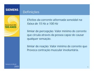 15
Siemens no Brasil
2005
Definições
Efeitos da corrente alternada senoidal na
faixa de 15 Hz a 100 Hz
limiar de percepção: Valor mínimo de corrente
que circula através da pessoa capaz de causar
qualquer sensação.
limiar de reação: Valor mínimo de corrente que
Provoca contração muscular involuntária.
 