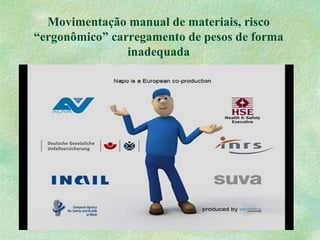 Movimentação manual de materiais, risco
“ergonômico” carregamento de pesos de forma
inadequada
 