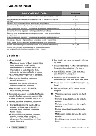 Evaluación inicial
108 Lengua Castellana 5 Material fotocopiable © 2014 Santillana Educación, S. L.
INDICADORES DE LOGRO Actividades
Realiza inferencias, hipótesis y juicios valorativos sobre diferentes textos leídos. 1
Forma palabras compuestas y derivadas y reconoce los elementos de los que
constan.
2, 3, 4
Organiza el vocabulario en campos semánticos y campos léxicos. 5
Conoce el significado y utiliza frases hechas y refranes. 6
Conoce e identifica, semántica y formalmente, las diferentes clases de palabras. 7, 8, 9, 10, 11
Reconoce el número, la persona y el tiempo de las formas verbales. 12
Distingue entre tiempos verbales simples y compuestos y entre tiempos perfectos
e imperfectos.
13
Conoce e identifica, semántica y formalmente, las diferentes clases de palabras. 14
Conoce que el sujeto y el predicado son partes de la oración y los identifica. 15
Utiliza la tilde, de forma adecuada, en palabras agudas, llanas y esdrújulas. 16
Escribe correctamente palabras con los sonidos J y B y formas verbales con y. 17, 18, 19
Escribe diferentes tipos de textos utilizando estrategias adecuadas
de composición: planificación, redacción, revisión y mejora.
20
Soluciones
1. • Para la salud.
• Mantiene el cuerpo en buen estado físico,
hace sentir bien, evita dolores y
enfermedades; y, además, ejercita los
músculos de la cara, limpia los ojos,
oxigena los pulmones y facilita el sueño.
• En una revista divulgativa o un periódico.
2. • De negación: in-visible, des-hacer,
im-posible, anti-rrobo.
• De lugar: inter-estatal, sub-marino,
intra-muscular, extra-terrestre.
• De cantidad: bi-color, pluri-lingüe,
multi-nacional, tri-sílaba.
3. Periodista, diseñador, ventilador, telefonista,
secador, finalista, acogedor, coleccionista,
colador, guitarrista, masajista, despertador.
4. Leonés, sevillana, extremeño, alicantina.
5. • Campo léxico: alumno, pupitre, libros,
estudiar, profesor, pizarra, lección…;
partitura, afinar, violinista, componer,
flauta, batuta…
• Campo semántico: pantalón, camiseta,
calcetín, camisa, falda, chaqueta…;
abogada, enfermero, actriz, periodista,
doctor, fontanero…
6. Dar abasto: ser capaz de hacer todo lo que
se debe.
7. Respuesta modelo (R. M.): Ratón simpático,
lápiz roto, chaqueta vieja, niña alegre.
8. Día lluvioso ; vestido roto ; mecánico
amable ; tarde tranquila .
9. Posesivos: mi, tuyo, vuestro, su, mías.
Demostrativos: esta, ese, aquel, este, estas.
10. Cardinales: cuatro, tres. Ordinales: primera,
tercer.
11. Muchos, algunas, algún, ningún, varias,
ninguna.
12. • Viajaremos: primera persona del plural,
futuro.
• Comiste: segunda persona del singular,
pasado.
• Recibes: segunda persona del singular,
presente.
• Decías: segunda persona del singular,
pasado.
• Madrugaron: tercera persona del plural,
pasado.
• Escribiré: primera persona del singular,
futuro.
 