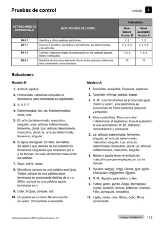 Pruebas de control 4
UNIDAD
Lengua Castellana 5 113
Material fotocopiable © 2014 Santillana Educación, S. L.
ESTÁNDARES DE
APRENDIZAJE
INDICADORES DE LOGRO
Actividades
Nivel
básico
Modelo B
Nivel
avanzado
Modelo A
B4-2.1 Identifica y utiliza palabras parónimas. 1, 2 1, 2
B4-1.1 Conoce e identifica, semántica y formalmente, los determinantes
y los artículos.
3, 4, 5, 6 3, 4, 5, 6
B4-4.3 Conoce y aplica las reglas de acentuación en las palabras agudas,
llanas y esdrújulas.
7, 8, 9 7, 8, 9
B5-3.1 Identifica la rima como elemento rítmico de los poemas y diferencia
rima consonante y rima asonante.
10 10
Soluciones
Modelo B
1. Actitud / aptitud.
2. Pronuncian. Debemos consultar el
diccionario para comprobar su significado.
3. V, V, F, F.
4. Determinados: los, las. Indeterminados:
unos, una.
5. El: artículo determinado, masculino,
singular; unas: artículo indeterminado,
femenino, plural. Los: artículo determinado,
masculino, plural; la: artículo determinado,
femenino, singular.
6. El agua, las aguas. El haba, las habas.
Se debe a que delante de los sustantivos
femeninos singulares que empiezan por a
y ha tónicas, se usan las formas masculinas
del artículo.
7. Saco, móvil, restar.
8. Micrófono: porque es una palabra esdrújula.
Trébol: porque es una palabra llana
terminada en consonante distinta de n o s.
Sillón: porque es una palabra aguda
terminada en n.
9. Líder, brújula, compás, útil.
10. Un poema es un texto literario escrito
en verso. Consonante o asonante.
Modelo A
1. Accesible, asequible. Especias, especies.
2. Absorber, infringir, aptitud, espiar.
3. R. M.: Los homónimos se pronuncian igual
(barón y varón). Los parónimos se
pronuncian de forma parecida (perjuicio
y prejuicio).
4. A los sustantivos. Para concretar
o determinar al sustantivo. Con el sustantivo
al que acompañan. R. M.: Artículos,
demostrativos y posesivos.
5. La: artículo determinado, femenino,
singular; el: artículo determinado,
masculino, singular. Los: artículo
determinado, masculino, plural; un: artículo
indeterminado, masculino, singular.
6. Hacha y águila llevan el artículo en
masculino porque empiezan por a y ha
tónicas.
7. Agudas: salmón, hotel. Llanas: taza, tecla.
Esdrújulas: termómetro, filósofo.
8. R. M.: Aguijón, pescadero, cráter.
9. Fútbol, jardín, jarrón. Ángel, Hernández,
quedó, autobús. Azúcar, plátanos, champú.
Félix, portugués, simpático.
10. Inglés, revés, mes. Globo, bobo. Rima
consonante.
 