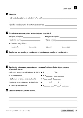 3
Lengua Castellana 5 25
Material fotocopiable © 2014 Santillana Educación, S. L.
MODELO A
6 Resuelve.
• ¿El sustantivo pájaros es colectivo? ¿Por qué?
• Escribe cuatro ejemplos de sustantivos colectivos.
7 Completa cada grupo con un verbo que tenga el sonido J.
• acogida, acogedor, • exigencia, exigente,
• crujiente, crujido, • tejido, tejedor,
Completa con g o con j.
• emelo • má ico • co ín • e ercicio
8 Explica por qué arrollar se escribe con rr, mientras que enrollar se escribe con r.
9 Escribe las palabras correspondientes a estas definiciones. Todas deben contener
el sonido R fuerte.
• Introducir un tapón o algo a vuelta de rosca. ► E____ ____ ____ S C ____ ____
• Dar forma de rollo. ► E N____ ____ L ____ ____ ____
• Se forman en la ropa si no se plancha. ► A____ ____ U G____ ____
• Instrumento con púas para recoger hojas. ► ____ ____S T____ ____L ____ ____
• Que no se puede romper. ► I____ ____ ____M P ____B ____ ____
10 Describe cómo es tu animal favorito.
 