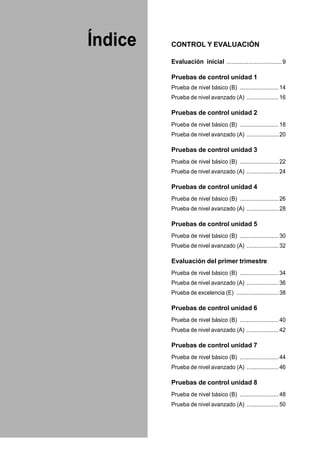 4 Lengua Castellana 5
Índice CONTROL Y EVALUACIÓN
Evaluación inicial .................................9
Pruebas de control unidad 1
Prueba de nivel básico (B) ....................... 14
Prueba de nivel avanzado (A) ................... 16
Pruebas de control unidad 2
Prueba de nivel básico (B) ....................... 18
Prueba de nivel avanzado (A) ................... 20
Pruebas de control unidad 3
Prueba de nivel básico (B) ....................... 22
Prueba de nivel avanzado (A) ................... 24
Pruebas de control unidad 4
Prueba de nivel básico (B) ....................... 26
Prueba de nivel avanzado (A) ................... 28
Pruebas de control unidad 5
Prueba de nivel básico (B) ....................... 30
Prueba de nivel avanzado (A) ................... 32
Evaluación del primer trimestre
Prueba de nivel básico (B) ....................... 34
Prueba de nivel avanzado (A) ................... 36
Prueba de excelencia (E) ......................... 38
Pruebas de control unidad 6
Prueba de nivel básico (B) ....................... 40
Prueba de nivel avanzado (A) ................... 42
Pruebas de control unidad 7
Prueba de nivel básico (B) ....................... 44
Prueba de nivel avanzado (A) ................... 46
Pruebas de control unidad 8
Prueba de nivel básico (B) ....................... 48
Prueba de nivel avanzado (A) ................... 50
 