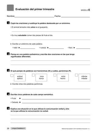 38 Lengua Castellana 5 Material fotocopiable © 2014 Santillana Educación, S. L.
Evaluación del primer trimestre MODELO E
Nombre Fecha
1 Copia las oraciones y sustituye la palabra destacada por un sinónimo.
• El animal terrestre más veloz es el guepardo.
• Es muy saludable comer dos piezas de fruta al día.
Escribe un antónimo de cada palabra.
• hábil ► • ruidoso ► • fiero ►
2 Piensa en una palabra polisémica y escribe dos oraciones en las que tenga
significados diferentes.
3 Di qué parejas de palabras son homónimas (H) y cuáles, parónimas (P).
actitud
aptitud
orca
horca
echo
hecho
infectar
infestar
Escribe otras dos palabras parónimas.
4 Escribe cinco palabras de cada campo semántico.
• Fruta ►
• Calzado ►
5 Explica una situación en la que utilices la comunicación verbal y otra
en la que utilices la comunicación no verbal.
 