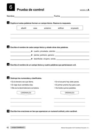 6
42 Lengua Castellana 5 Material fotocopiable © 2014 Santillana Educación, S. L.
Prueba de control MODELO A
Nombre Fecha
1 Explica si estas palabras forman un campo léxico. Razona tu respuesta.
albañil casa andamio edificar enyesado
2 Escribe el nombre de cada campo léxico y añade otras dos palabras.
► cuadro, pincelada, colorido,
► plantar, jardinero, geranio,
► desinfectar, cirujano, venda,
3 Escribe el nombre de un campo léxico y cuatro palabras que pertenezcan a él.
4 Subraya los numerales y clasifícalos.
• Es la tercera vez que llama.
• El viaje dura veintidós días.
• Ella es la decimotercera corredora.
• En el acuario hay siete peces.
• El primer premio fue para Juan.
• He traído quince pasteles.
CARDINALES ORDINALES
5 Escribe tres oraciones en las que aparezcan un numeral ordinal y otro cardinal.
 