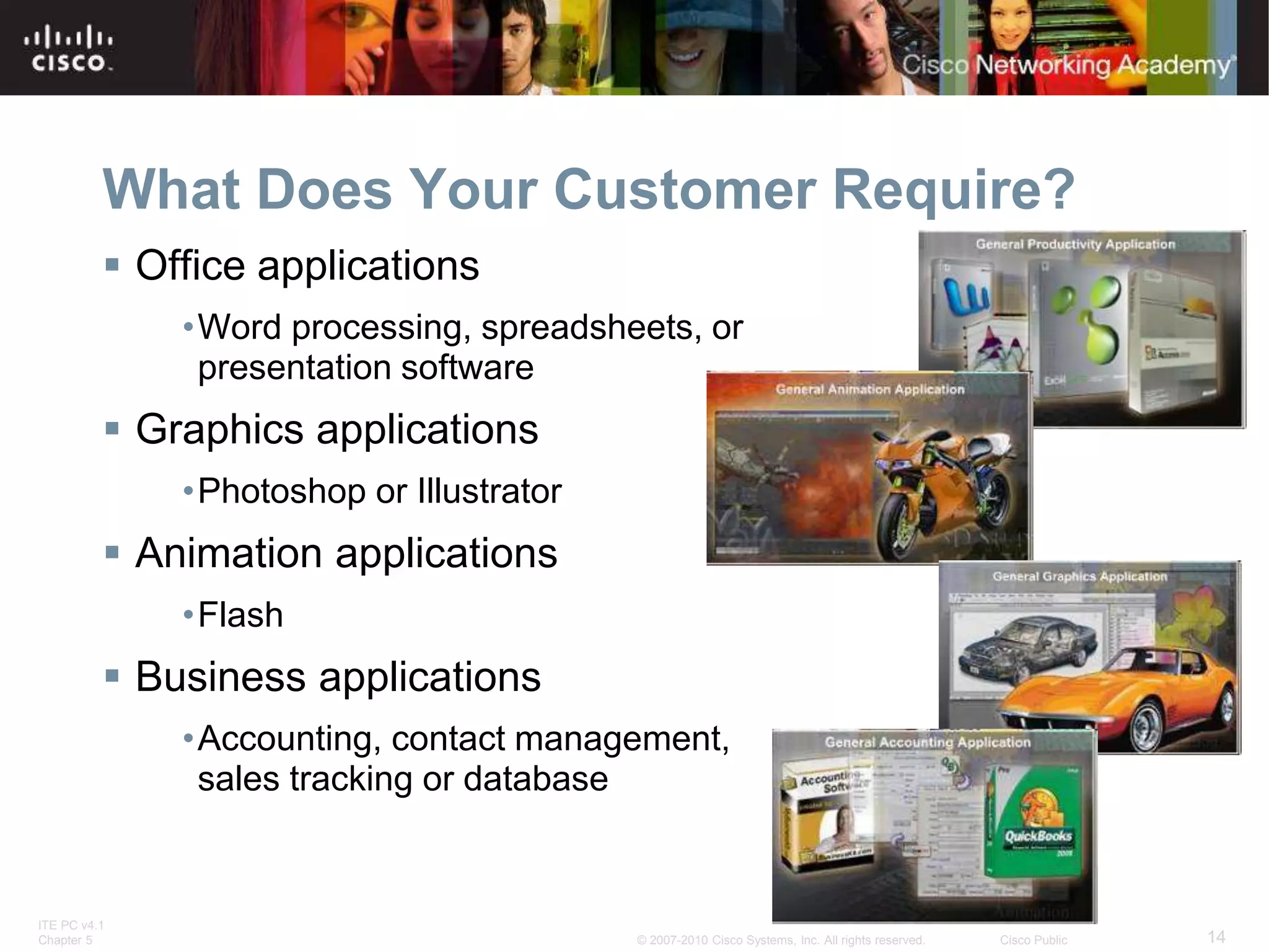 ITE PC v4.1
Chapter 5 14
© 2007-2010 Cisco Systems, Inc. All rights reserved. Cisco Public
What Does Your Customer Require?
 Office applications
•Word processing, spreadsheets, or
presentation software
 Graphics applications
•Photoshop or Illustrator
 Animation applications
•Flash
 Business applications
•Accounting, contact management,
sales tracking or database
 