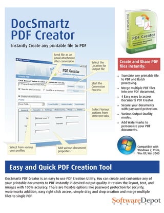 DocSmartz
   PDF Creator
    Instantly Create any printable file to PDF

                                 Send file as an
                                 email attachment
                                 after conversion          Select the        Create and Share PDF
                                                           Location for      files instantly:
                                                           Output file

                                                                             l Translate any printable file
                                                                               to PDF and Batch
                                                           Start the           processing.
                                                           Conversion        l Merge multiple PDF files
                                                           Process.
                                                                               into one PDF document.
                                                                             l 4 Easy ways to access
                                                                               DocSmartz PDF Creator
                                                                             l Secure your documents
                                                           Select Various      with password protection.
                                                           options from      l Various Output Quality
                                                           different tabs.
                                                                               modes.
                                                                             l Add Watermarks to
                                                                               personalize your PDF
                                                                               documents.




   Select from various              Add various document                                   Compatible with
   user profiles                    properties.                                            Windows 7, Vista,
                                                                                           Win XP, Win 2000




  Easy and Quick PDF Creation Tool
DocSmartz PDF Creator is an easy to use PDF Creation Utility. You can create and customize any of
your printable documents to PDF instantly in desired output quality. It retains the layout, text, and
images with 100% accuracy. There are flexible options like password protection for security,
watermarks addition, easy right click access, simple drag and drop creation and merge multiple
files to single PDF.
 