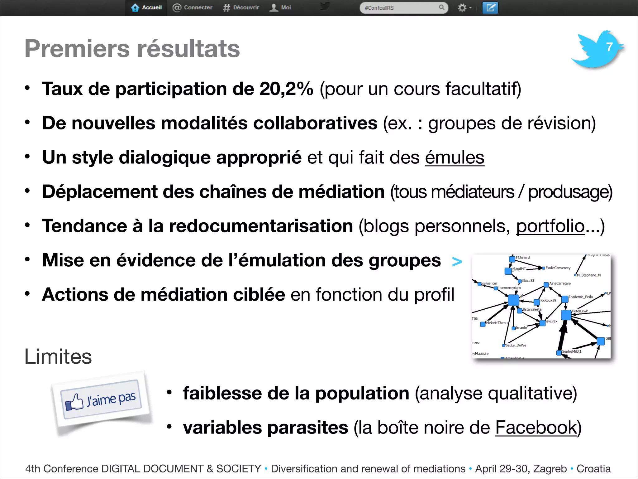 Premiers résultats
• Taux de participation de 20,2% (pour un cours facultatif)
• De nouvelles modalités collaboratives (ex. : groupes de révision)
• Un style dialogique approprié et qui fait des émules 
• Déplacement des chaînes de médiation (tous médiateurs / produsage)

• Tendance à la redocumentarisation (blogs personnels, portfolio...)

• Mise en évidence de l’émulation des groupes >
• Actions de médiation ciblée en fonction du profil

Limites
• faiblesse de la population (analyse qualitative)
• variables parasites (la boîte noire de Facebook)
7
4th Conference DIGITAL DOCUMENT & SOCIETY • Diversiﬁcation and renewal of mediations • April 29-30, Zagreb • Croatia
 
