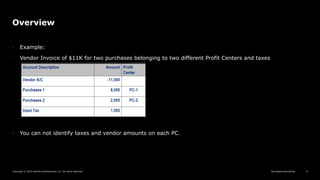 Reimagine everything
Copyright © 2019 Deloitte Development LLC. All rights reserved. 8
Overview
• Example:
• Vendor Invoice of $11K for two purchases belonging to two different Profit Centers and taxes
• You can not identify taxes and vendor amounts on each PC.
 