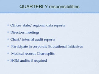 QUARTERLY responsibilities


Office/ state/ regional data reports

Directors meetings

Chart/ internal audit reports

Participate in corporate Educational Initiatives

Medical records Chart splits

HQM audits if required
 