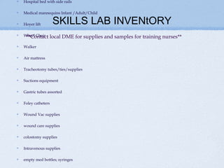 Hospital bed with side rails

Medical mannequins Infant /Adult/Child

Hoyer lift        SKILLS LAB INVENtORY
Wheel Chair
 **Contact     local DME for supplies and samples for training nurses**
Walker

Air mattress

Tracheotomy tubes/ties/supplies

Suctions equipment

Gastric tubes assorted

Foley catheters

Wound Vac supplies

wound care supplies

colostomy supplies

Intravenous supplies

empty med bottles; syringes
 