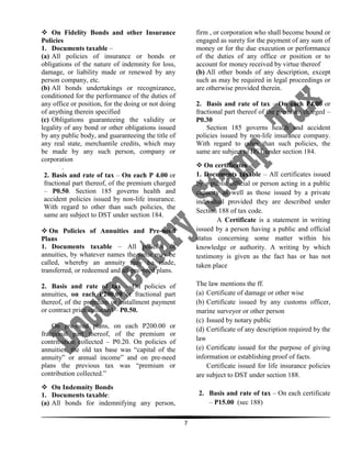  On Fidelity Bonds and other Insurance
Policies
1. Documents taxable –
(a) All policies of insurance or bonds or
obligations of the nature of indemnity for loss,
damage, or liability made or renewed by any
person company, etc.
(b) All bonds undertakings or recognizance,
conditioned for the performance of the duties of
any office or position, for the doing or not doing
of anything therein specified
(c) Obligations guaranteeing the validity or
legality of any bond or other obligations issued
by any public body, and guaranteeing the title of
any real state, merchantile credits, which may
be made by any such person, company or
corporation
.
2. Basis and rate of tax – On each P 4.00 or
fractional part thereof, of the premium charged
– P0.50. Section 185 governs health and
accident policies issued by non-life insurance.
With regard to other than such policies, the
same are subject to DST under section 184.

firm , or corporation who shall become bound or
engaged as surety for the payment of any sum of
money or for the due execution or performance
of the duties of any office or position or to
account for money received by virtue thereof
(b) All other bonds of any description, except
such as may be required in legal proceedings or
are otherwise provided therein.
2. Basis and rate of tax – On each P4.00 or
fractional part thereof of the premium charged –
P0.30
Section 185 governs health and accident
policies issued by non-life insurance company.
With regard to other than such policies, the
same are subject to DST under section 184.
 On certificates
1. Documents taxable – All certificates issued
by a public official or person acting in a public
capacity as well as those issued by a private
individual provided they are described under
Section 188 of tax code.
A Certificate is a statement in writing
issued by a person having a public and official
status concerning some matter within his
knowledge or authority. A writing by which
testimony is given as the fact has or has not
taken place

 On Policies of Annuities and Pre-need
Plans
1. Documents taxable – All policies of
annuities, by whatever names the same may be
called, whereby an annuity may be made,
transferred, or redeemed and all pre-need plans.

On pre-need plans, on each P200.00 or
fractional part thereof, of the premium or
contribution collected – P0.20. On policies of
annuities, the old tax base was “capital of the
annuity” or annual income” and on pre-need
plans the previous tax was “premium or
contribution collected.”

The law mentions the ff.
(a) Certificate of damage or other wise
(b) Certificate issued by any customs officer,
marine surveyor or other person
(c) Issued by notary public
(d) Certificate of any description required by the
law
(e) Certificate issued for the purpose of giving
information or establishing proof of facts.
Certificate issued for life insurance policies
are subject to DST under section 188.

 On Indemnity Bonds
1. Documents taxable:
(a) All bonds for indemnifying any person,

2. Basis and rate of tax – On each certificate
– P15.00 (sec 188)

2. Basis and rate of tax – On policies of
annuities, on each P200.00 or fractional part
thereof, of the premium or installment payment
or contract price collected – P0.50.

7

 