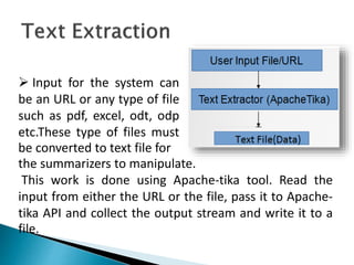  Input for the system can
be an URL or any type of file
such as pdf, excel, odt, odp
etc.These type of files must
be converted to text file for
the summarizers to manipulate.
This work is done using Apache-tika tool. Read the
input from either the URL or the file, pass it to Apache-
tika API and collect the output stream and write it to a
file.
 
