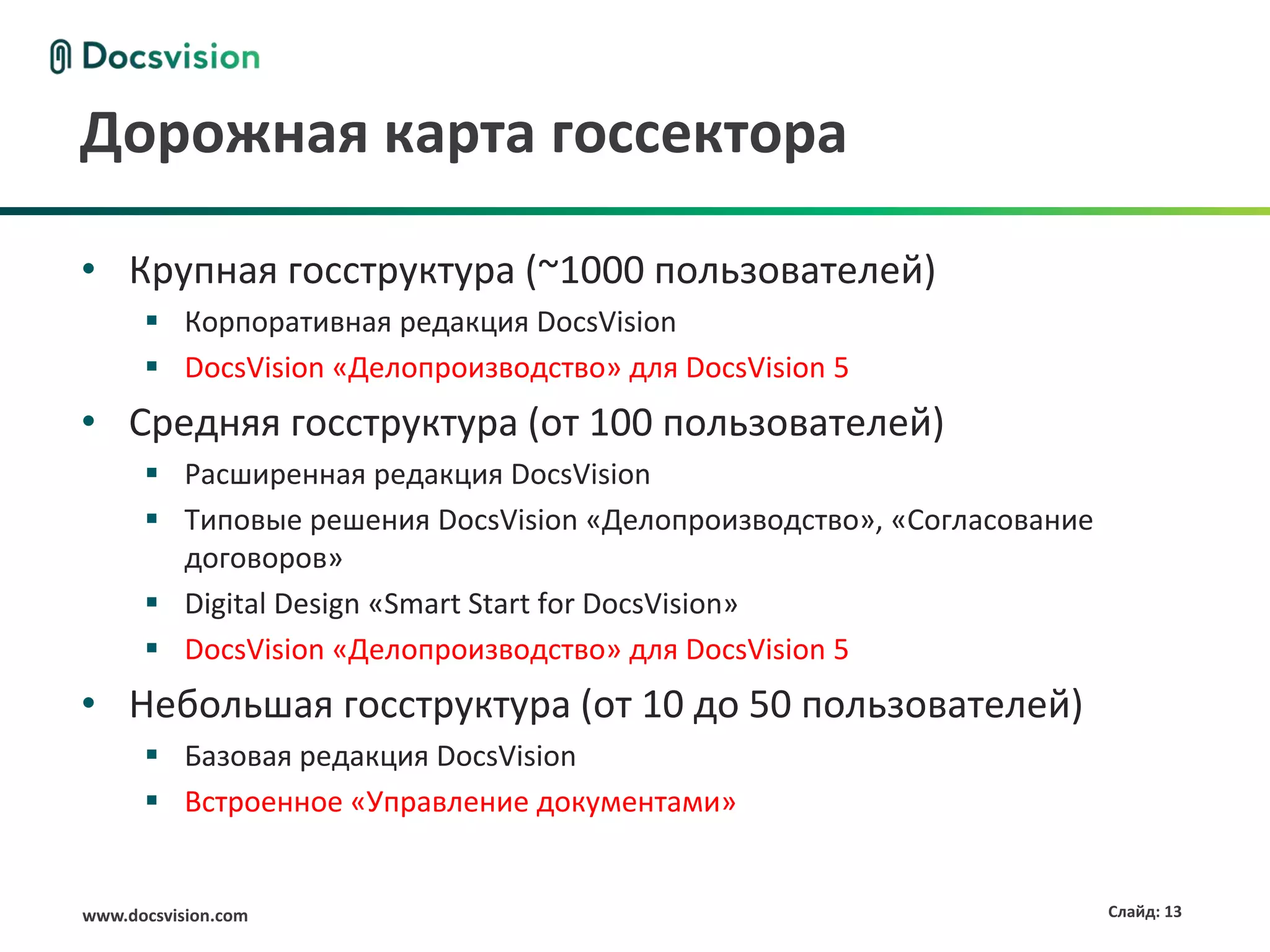 Дорожная карта госсектора

• Крупная госструктура (~1000 пользователей)
       Корпоративная редакция DocsVision
       DocsVision «Делопроизводство» для DocsVision 5
• Средняя госструктура (от 100 пользователей)
       Расширенная редакция DocsVision
       Типовые решения DocsVision «Делопроизводство», «Согласование
        договоров»
       Digital Design «Smart Start for DocsVision»
       DocsVision «Делопроизводство» для DocsVision 5
• Небольшая госструктура (от 10 до 50 пользователей)
       Базовая редакция DocsVision
       Встроенное «Управление документами»


www.docsvision.com                                                     Слайд: 13
 