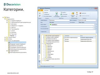 Категории.
Общие сценарии работы с документом




                                     Слайд: 57
  www.docsvision.com
 