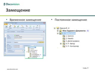 Замещение
• Временное замещение   • Постоянное замещение




                                           Слайд: 77
www.docsvision.com
 