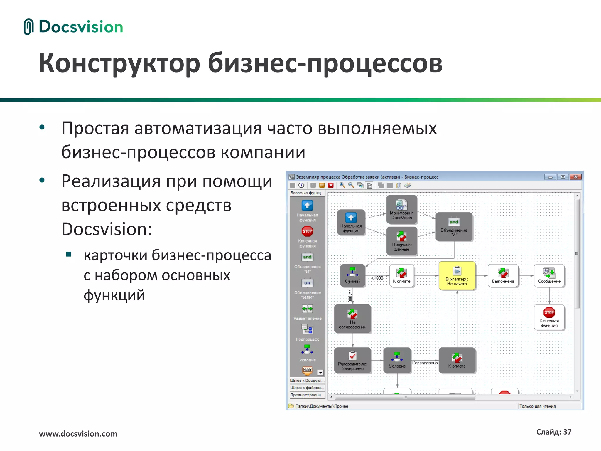 Конструктор бизнес-процессов

• Простая автоматизация часто выполняемых
  бизнес-процессов компании
• Реализация при помощи
  встроенных средств
  Docsvision:
      карточки бизнес-процесса
       с набором основных
       функций




www.docsvision.com                          Слайд: 37
 