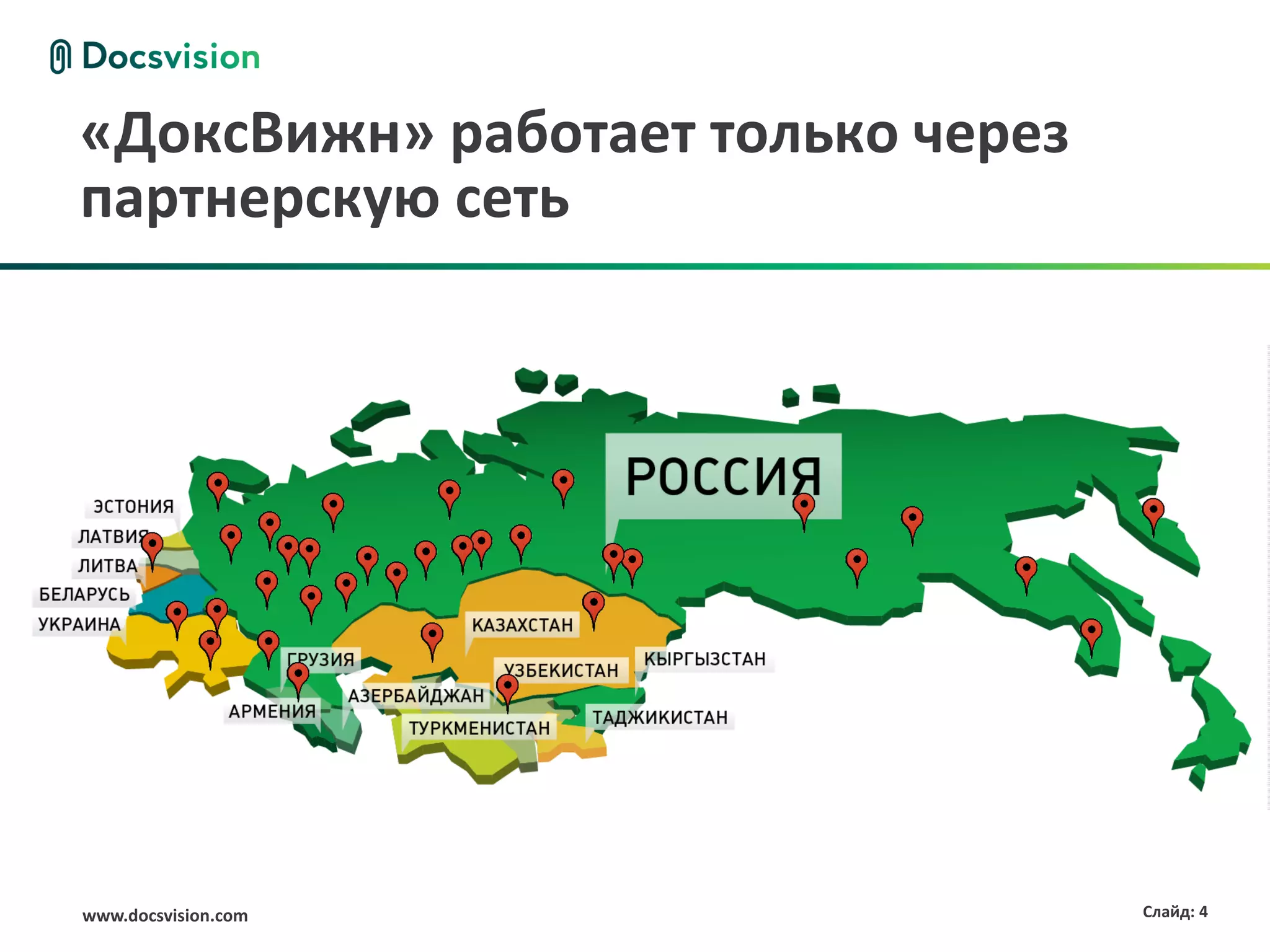 «ДоксВижн» работает только через
партнерскую сеть




www.docsvision.com                 Слайд: 4
 