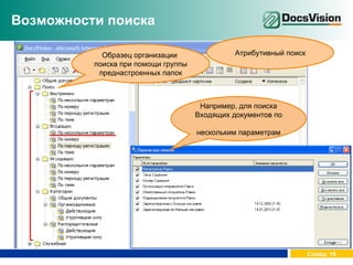Возможности поиска Например, для поиска Входящих документов по  нескольким параметрам Атрибутивный поиск Образец организации  поиска при помощи группы преднастроенных папок 
