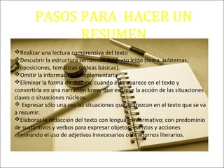 PASOS PARA HACER UN
RESUMEN
Realizar una lectura comprensiva del texto
Descubrir la estructura semántica del texto leído (tema, subtemas,
proposiciones, temáticas o ideas básicas).
Omitir la información complementaria
Eliminar la forma de diálogo, cuando ésta aparece en el texto y
convertirla en una narración breve que exprese la acción de las situaciones
claves o situaciones núcleos.
 Expresar sólo una vez las situaciones que aparezcan en el texto que se va
a resumir.
Elaborar la redacción del texto con lenguaje informativo; con predominio
de sustantivos y verbos para expresar objetos, eventos y acciones
eliminando el uso de adjetivos innecesarios o de adornos literarios.
 