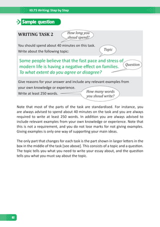 IELTS Writing: Step by Step
92
Sample question
WRITING TASK 2
You should spend about 40 minutes on this task.
Write about the following topic:
Some people believe that the fast pace and stress of
modern life is having a negative effect on families.
To what extent do you agree or disagree?
Give reasons for your answer and include any relevant examples from
your own knowledge or experience.
Write at least 250 words.
Note that most of the parts of the task are standardised. For instance, you
are always advised to spend about 40 minutes on the task and you are always
required to write at least 250 words. In addition you are always advised to
include relevant examples from your own knowledge or experience. Note that
this is not a requirement, and you do not lose marks for not giving examples.
Giving examples is only one way of supporting your main ideas.
The only part that changes for each task is the part shown in larger letters in the
box in the middle of the task [see above]. This consists of a topic and a question.
The topic tells you what you need to write your essay about, and the question
tells you what you must say about the topic.
How long you
shoud spend?
Topic
Question
How many words
you shoud write?
 