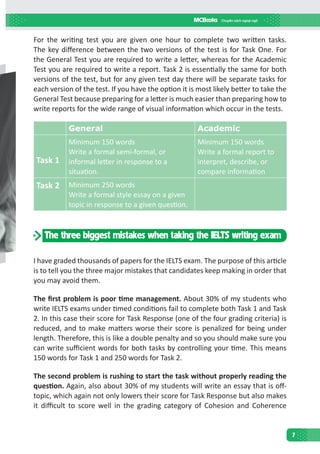 7
For the writing test you are given one hour to complete two written tasks.
The key difference between the two versions of the test is for Task One. For
the General Test you are required to write a letter, whereas for the Academic
Test you are required to write a report. Task 2 is essentially the same for both
versions of the test, but for any given test day there will be separate tasks for
each version of the test. If you have the option it is most likely better to take the
General Test because preparing for a letter is much easier than preparing how to
write reports for the wide range of visual information which occur in the tests.
General Academic
Task 1
Minimum 150 words
Write a formal semi-formal, or
informal letter in response to a
situation.
Minimum 150 words
Write a formal report to
interpret, describe, or
compare information
Task 2 Minimum 250 words
Write a formal style essay on a given
topic in response to a given question.
The three biggest mistakes when taking the IELTS writing exam
I have graded thousands of papers for the IELTS exam. The purpose of this article
is to tell you the three major mistakes that candidates keep making in order that
you may avoid them.
The first problem is poor time management. About 30% of my students who
write IELTS exams under timed conditions fail to complete both Task 1 and Task
2. In this case their score for Task Response (one of the four grading criteria) is
reduced, and to make matters worse their score is penalized for being under
length. Therefore, this is like a double penalty and so you should make sure you
can write sufficient words for both tasks by controlling your time. This means
150 words for Task 1 and 250 words for Task 2.
The second problem is rushing to start the task without properly reading the
question. Again, also about 30% of my students will write an essay that is off-
topic, which again not only lowers their score for Task Response but also makes
it difficult to score well in the grading category of Cohesion and Coherence
 