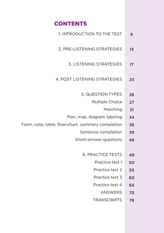 CONTENTS
1. INTRODUCTION TO THE TEST
2. PRE-LISTENING STRATEGIES
3. LISTENING STRATEGIES
4. POST LISTENING STRATEGIES
5. Q...