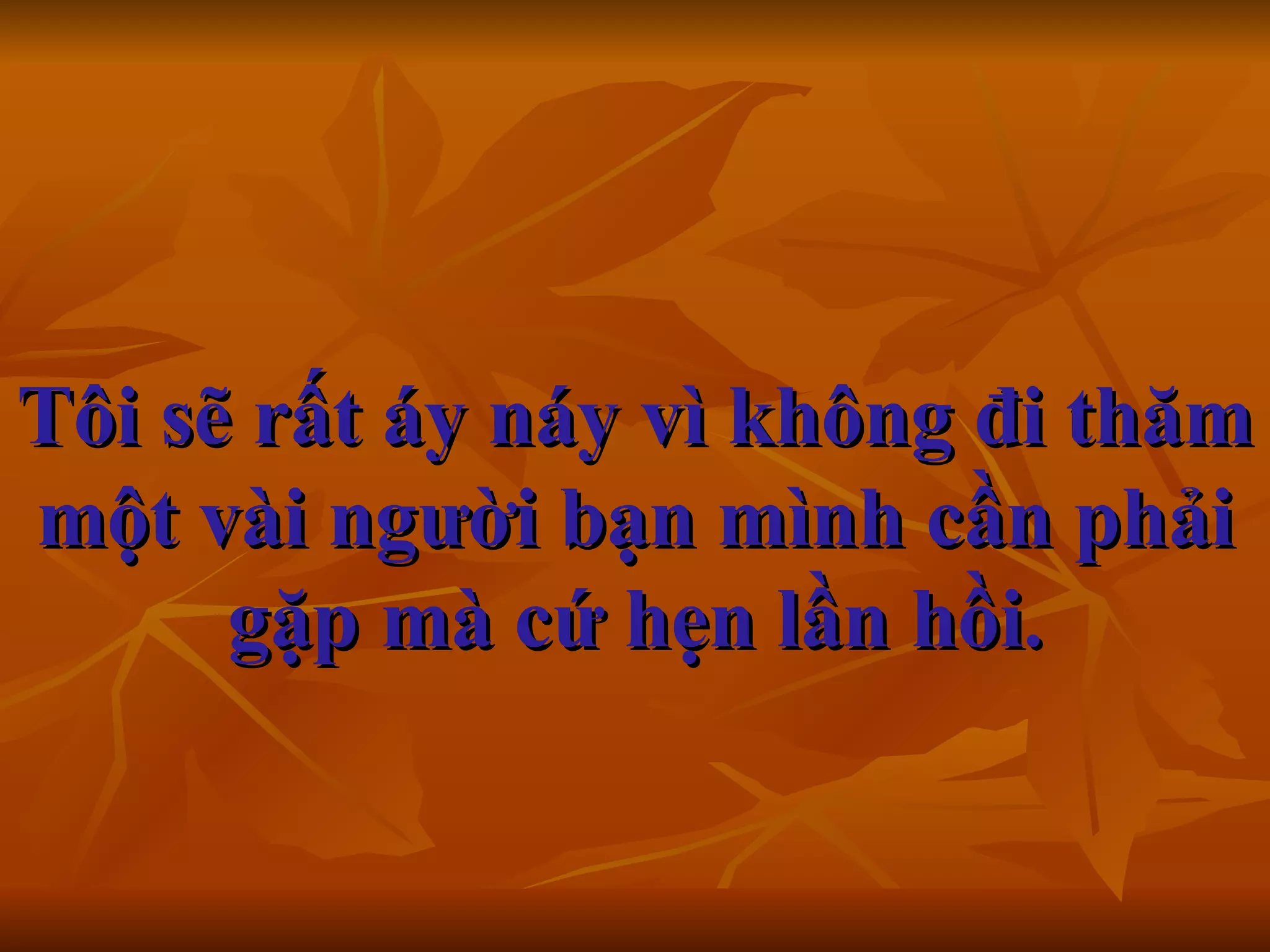 Tôi sẽ rất áy náy vì không đi thăm một vài người bạn mình cần phải gặp mà cứ hẹn lần hồi . 