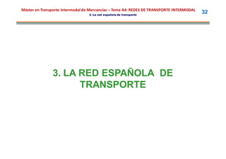 Máster en Transporte Intermodal de Mercancías – Tema A4: REDES DE TRANSPORTE INTERMODAL
                                 3. La red española de transporte
                                                                                          32




               3. LA RED ESPAÑOLA DE
                     TRANSPORTE
 