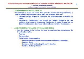 Máster en Transporte Intermodal de Mercancías – Tema A4: REDES DE TRANSPORTE INTERMODAL
                                1. Las redes de transporte intermodal
                                                                                          5
                          1.2. Elementos que intervienen en la intermodalidad


     LAS INFRAESTRUCTURAS LINEALES
       Necesarias en todos los casos, bien para los tramos de larga distancia y
        prácticamente en todos los casos para los acarreos en O y D
             Carretera(larga distancia, acarreos en prácticamente en todos los
              casos)
             Ferrocarril: constitutiva del tramo de mayor distancia de las
              cadenas intermodales terrestres. Puede ser el modo de acarreo en
              determinados casos (cadenas intermodales marítimo terrestres).

     LAS INFRAESTRUCTURAS DE INTERCAMBIO MODAL
          Son los nodos de la Red en los que se realizan las operaciones de
           transbordo modal.
             Puertos
             Aeropuertos
             Plataformas Intermodales.
                   Plataformas Logísticas Multimodales (múltiples tipologías)
                   Puertos Secos
                   Zonas de Actividades Logísticas Portuarias
                   Centros de Carga Aérea
 