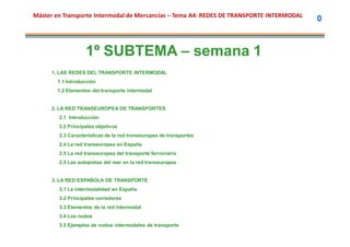 Máster en Transporte Intermodal de Mercancías – Tema A4: REDES DE TRANSPORTE INTERMODAL
                                                                                          0



                   1º SUBTEMA – semana 1
     1. LAS REDES DEL TRANSPORTE INTERMODAL
       1.1 Introducción
       1.2 Elementos del transporte intermodal


     2. LA RED TRANSEUROPEA DE TRANSPORTES
        2.1 Introducción
        2.2 Principales objetivos
        2.3 Características de la red transeuropea de transportes
        2.4 La red transeuropea en España
        2.5 La red transeuropea del transporte ferroviario
        2.5 Las autopistas del mar en la red transeuropea


     3. LA RED ESPAÑOLA DE TRANSPORTE
        3.1 La intermodalidad en España
        3.2 Principales corredores
        3.3 Elementos de la red intermodal
        3.4 Los nodos
        3.5 Ejemplos de nodos intermodales de transporte
 