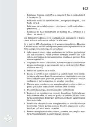 103
.   Relaciones de causa efecto (A es la causa de B; A es el resultado de B;
    A da origen a B);
.   Relaciones medio-fin (está destinado..., está proyectado para..., está
    hecho para...);
.   Relaciones parte-todo (es parte..., participa en..., está implicado en...,
    pertenece a...);
.   Relaciones de clase-miembro (es un miembro de..., pertenece a la
    clase..., es uno de...)
Uno de los errores básicos en la construcción de analogías es el de rela-
cionar atributos o elementos en lugar de relaciones.
En el método ATA: «Aprendizaje por transferencia analógica» (González
A. 1999) la autora establece el siguiente procedimiento para la utilización
de la analogía como estrategia de aprendizaje:
1. Aclare para sí mismo cuáles son las esencias del tema que trabajará
   con sus estudiantes. Puede ayudarse mediante acuerdos con otros
   colegas que trabajan la misma asignatura o módulo, o que sean de su
   misma especialidad.
2. Asegúrese del estado satisfactorio de la estructura de conocimientos
   previos, pertinentes al nuevo material que se ha de aprender. (Cono-
   cimientos «ancla»)
3. Oriente los objetivos de la sesión.
4. Enseñe y ejercite en sus estudiantes y a usted mismo en la identifi-
   cación de relaciones. Para ello es conveniente ejercitarlos primero en
   identificar relaciones generales, presentes en la experiencia vital de
   cualquiera, y que no dependan de un saber específico.
5. Muestre a sus estudiantes una analogía explicativa, directa, bien ex-
   plícita y en la que se relacionen esencias sobre un tema.
6. Desmonte la analogía, desmenuzándola y explicándola
7. Presente a los estudiantes un conjunto de analogías deliberadamen-
   te incorrectas sobre las esencias que ha de aprender. Pídales detec-
   tar las incorrectas y debatir por qué lo son, mediante argumentación
   bien sustentada.
8. Presénteles a los estudiantes analogías correctas mezclándolas con
   incorrectas. Pídales que las analicen, detecten, argumenten y deba-
   tan el por qué son o no son correctas.
9. Presente analogías semi-estructuradas, correctas, para completa apor-
   tar la relación faltante, mediante diálogo reflexivo.
 