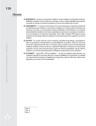 120
                                                   Glosario
                                                              EL APRENDIZAJE: es un proceso comunicativo mediado en el cual se adquieren conocimientos, destrezas,
                                                                 habilidades y actitudes a través de diferentes estrategias, técnicas y medios disponibles para el alumno,
                                                                 construido en contextos de solución de problemas y a través de la colaboración con otros.17
                                                              EL CONOCIMIENTO:18 Se concibe el conocimiento como una herramienta para comprender y transformar
                                                                 la realidad puesto que el hombre se circunscribe y se significa en el mundo a partir de entenderlo y de
                                                                 interactuar con los otros en un intercambio constante de significados. El conocimiento se crea a partir de
                                                                 la interactividad del estudiante con los factores ambientales, por esta razón es esencial que el conocimien-
                                                                 to esté incorporado en la situación de aprendizaje. Brow, Collins y Duguid (1989) sugieren que las
                                                                 situaciones de aprendizaje realmente coproducen el conocimiento junto con la cognición a través de la
                                                                 actividad.
                                                              EL DOCENTE: 19 Se concibe al docente como un conductor y orientador del aprendizaje, cuyo propósito es
                                                                 lograr la participación, la independencia y responsabilidad de los alumnos. Dentro de esta nueva
MANUAL DE ESTRATEGIAS DE ENSÑEANZA / APRENDIZAJE




                                                                 perspectiva el papel del docente /tutor es el de guiar, apoyar y facilitar el proceso de aprendizaje del
                                                                 estudiante mediante la interacción directa o exposición multimedia, la mediación y la comunicación
                                                                 compartida. Esto trae como consecuencia que se genere un sistema de aprendizaje, cuyo eje central es
                                                                 el alumno, en un sistema relacional basado en el diálogo y la cooperación entre los estudiantes.
                                                              EL ESTUDIANTE:20 , según (Tiffin, 1997) los estudiantes : ...no solo son estudiantes mejor educados, sino
                                                                 ciudadanos educados de una manera diferente en la que las habilidades de razonamiento, la creatividad
                                                                 y la comprensión internacional, y la habilidad para comprender y valorar las diferentes culturas serán
                                                                 importantes y necesarias en el mercado laboral...”




                                                              18
                                                                 Ibid. P.
                                                              19
                                                                 Ibid. P.
                                                              20
                                                                 Ibid. P.
 